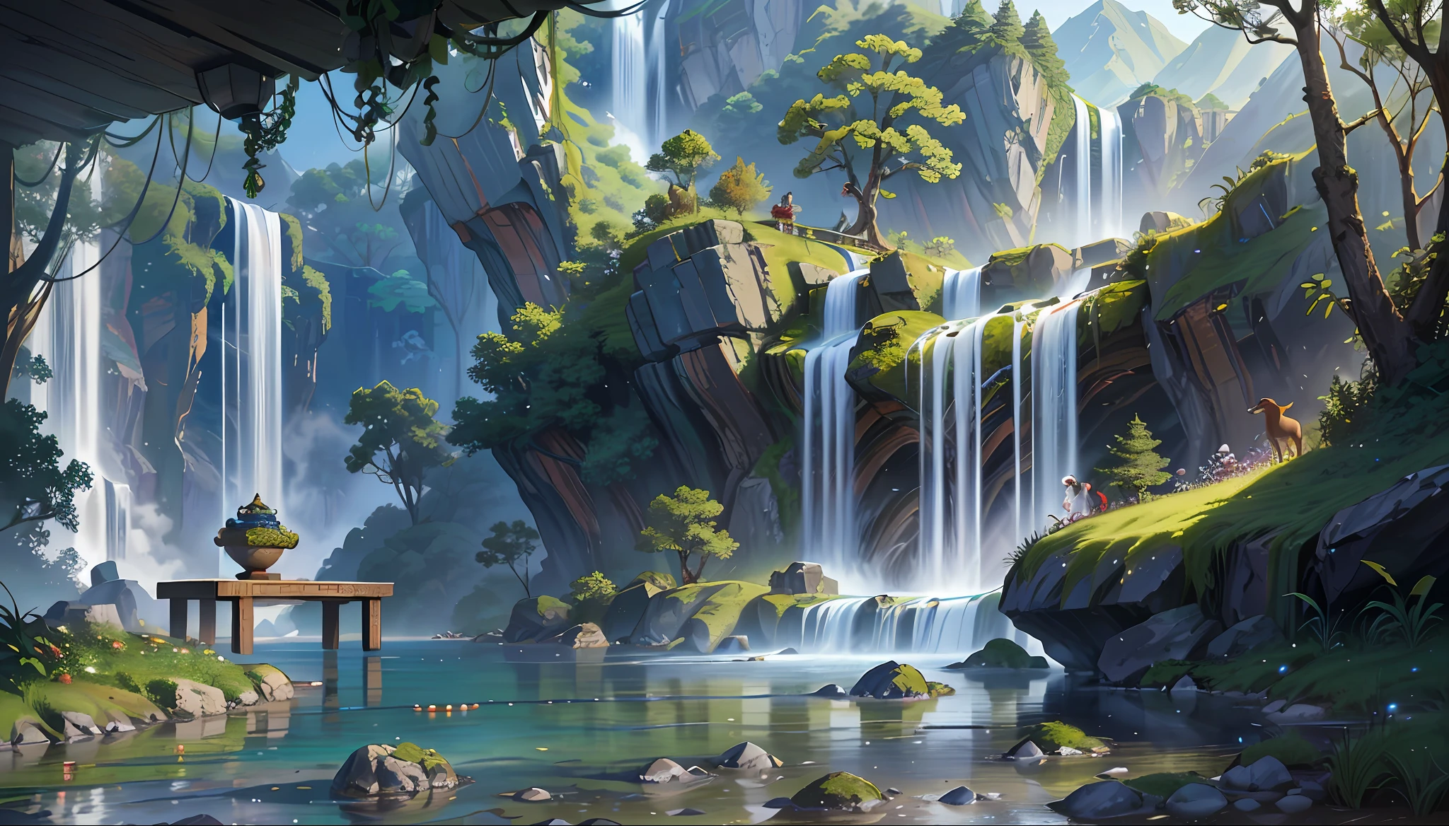 Chinese ancient times, spring, jungle, lake, cave, waterfall, tree, meadow, rock, deer, hot spring, water vapor, (illustration: 1.0), epic composition, realistic lighting, HD details, masterpiece, best quality, (very detailed CG unified 8k wallpaper)