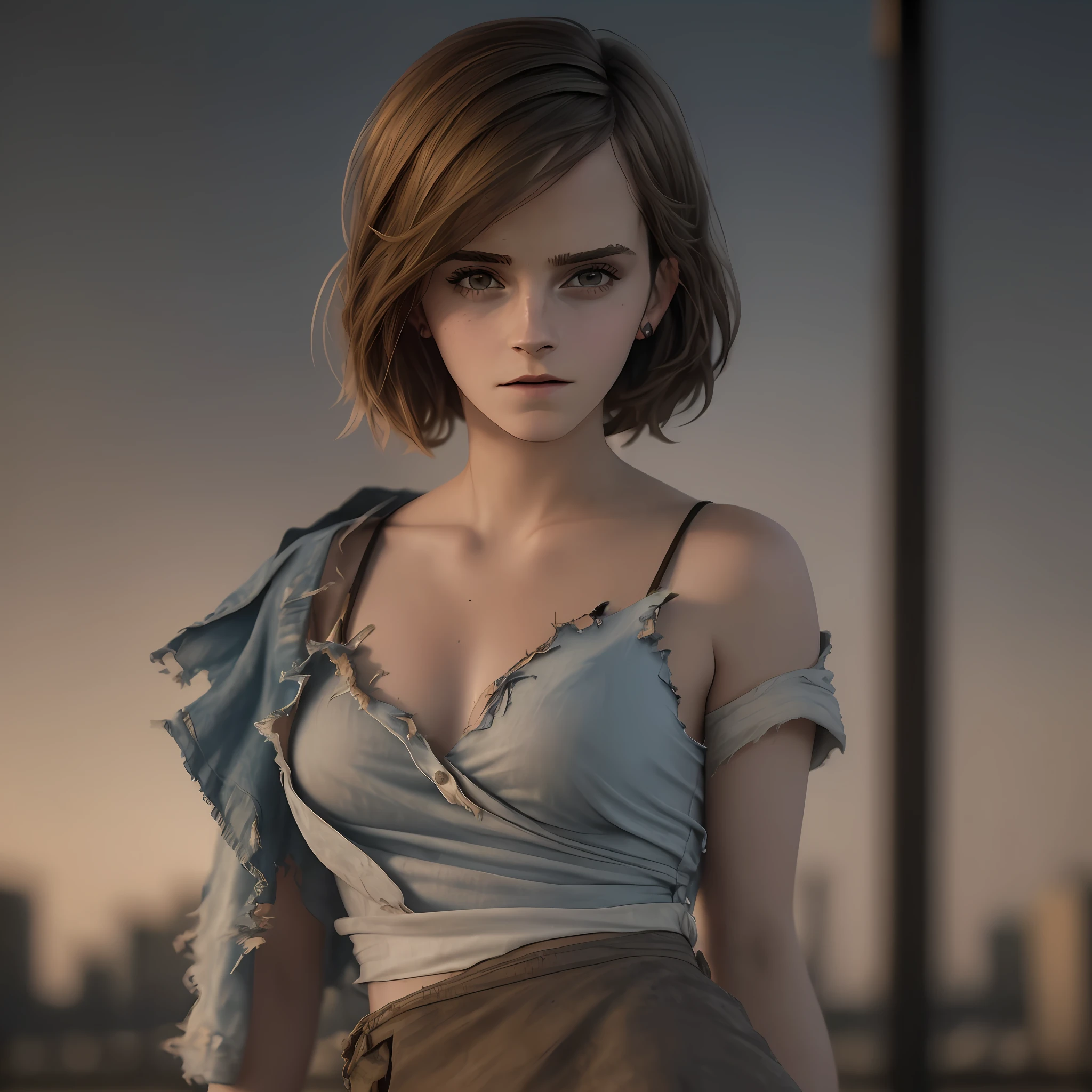 (Hyperreal photo), ((Emma Watson wearing a sexy worn, torn cotton shirt)), (short worn miniskirt), ((detailed realistic dirty face and eyes)), cinematic lighting, 8K resolution, (model shooting style), covered by (torn, torn tantop), (round breasts), river, whole body --auto --s2