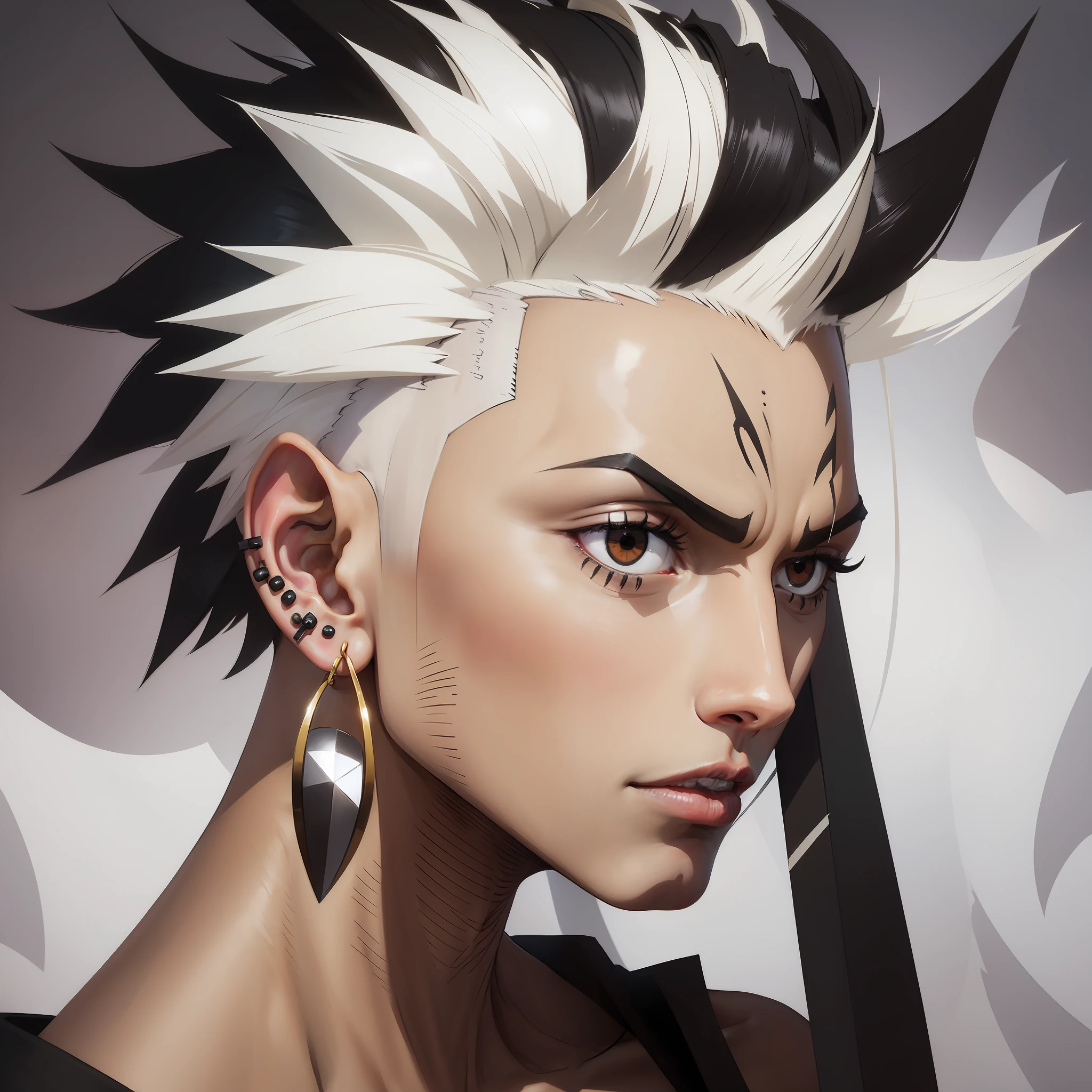 Boy with black mohawk, Earrings in ear, white eyes,