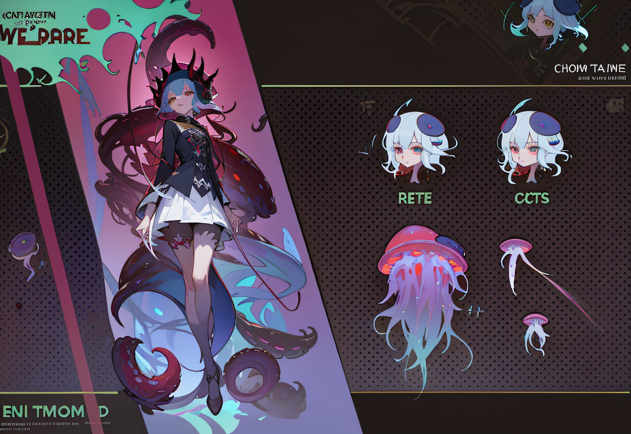 Three views, typography, many different types of items in this image, Loish|, tentacle creature combination, [character design], [concept art]!!, elf color scheme, blood moon tentacles!!, Cytus and Deemo style, demon aristocratic character design, dream concept art, jellyfish priestess, reference table