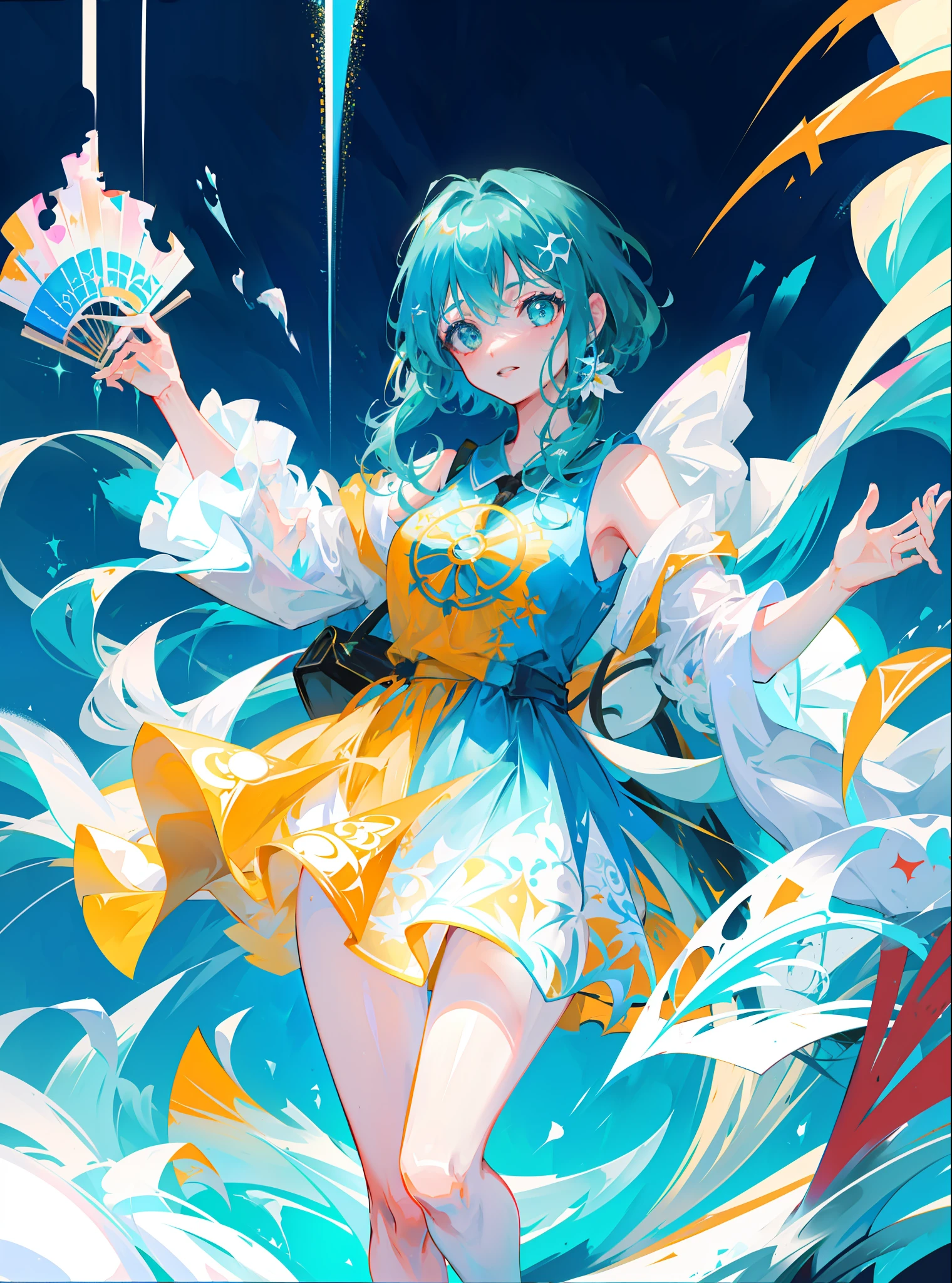 Beautiful woman dancing in the water, ((surrounded by schools of fish): 1.6), (paint spray dress, fan spreading, paint splatter, wet, water, rim light, vivid details, elegant, top quality, style paint magic)