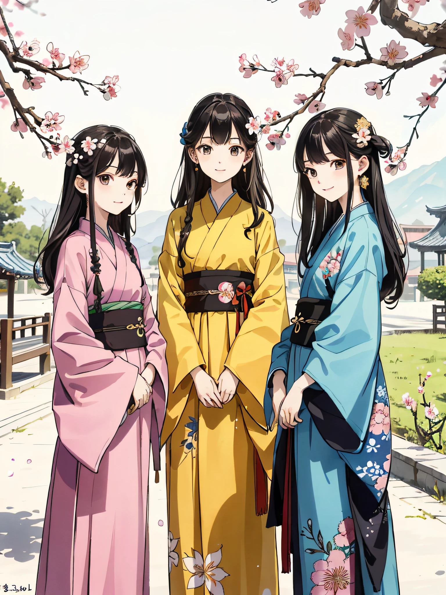 Absurd, high definition, super detailed, (3 girls: 1.3), hand drawn, simple lines, three 20-year-old girls in colorful Hanfu, standing under peach blossom trees, masterpiece, sunny day, looking at the camera