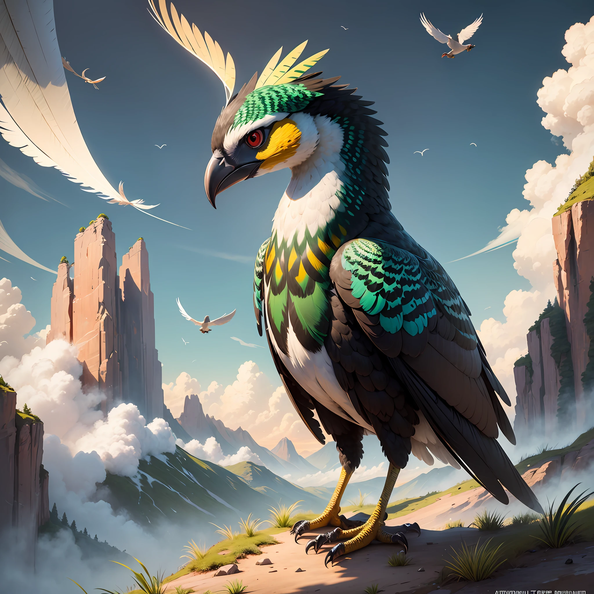 ultrarealistic Brazilian mura,16k,wallpaper,16:9 (standard widescreen),small and round crest,extremely detailed,realistic feathers,green eyes,black nails,yellow feet, mathematically aligned,(fibonacci sequence),without using numeres,open wings,seven feathers on each wing,two white feathers,red neck and head feathers,stealth-color body feathers,epic scenery,mountainous, flat,aesthetic,ornamental,realistic,background,rainbow background waterfalls --auto --s2