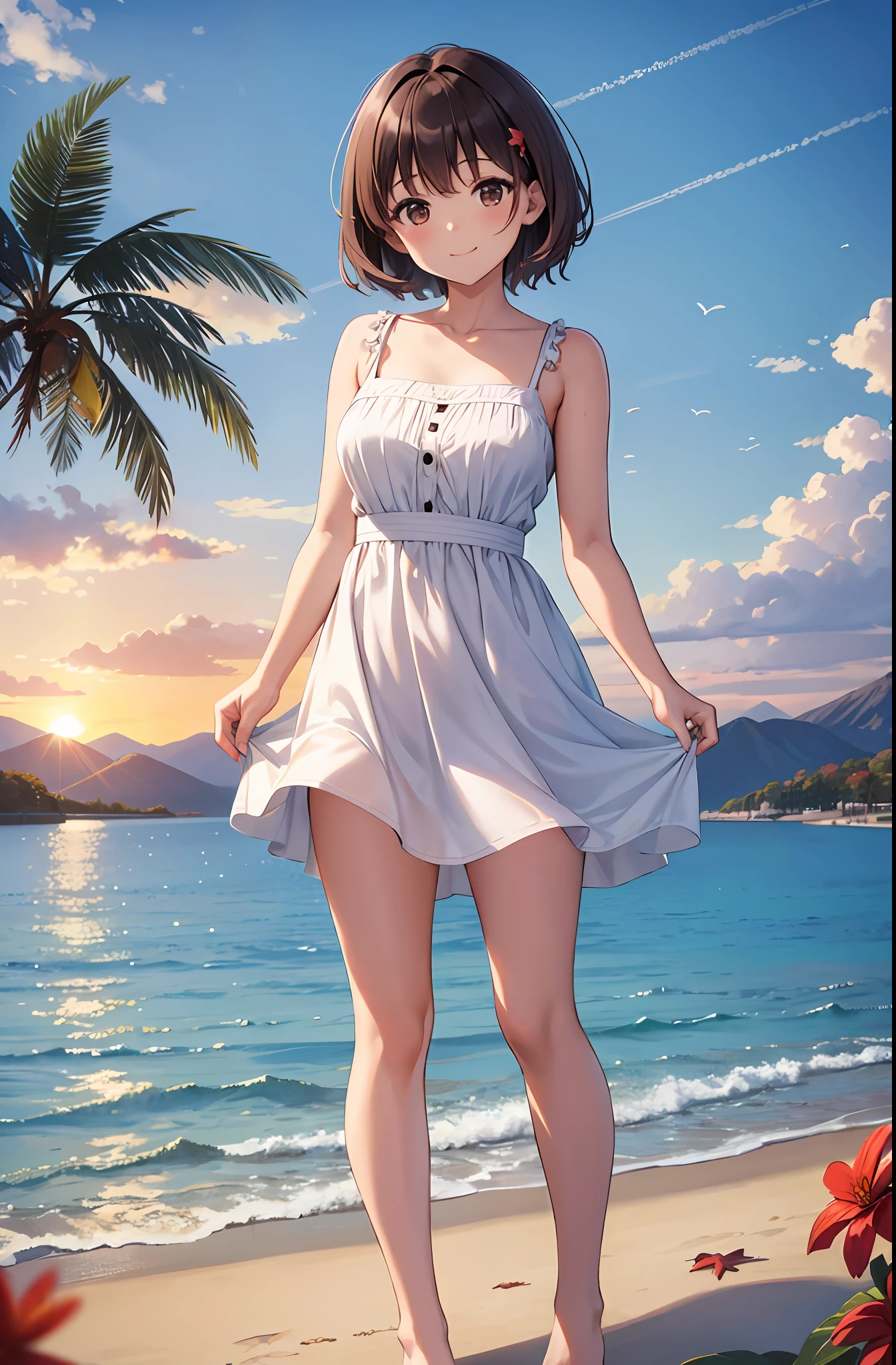 Kai Kokoai, STU48 Kai Kokoai, Short hair, Dark brown hair, 1girl, Autumn, autumn_leaves, Bangs, Beach, blue_sky, Blush, Breast, brown_hair, closed_mouth, Clouds, cloudy_sky, Clavicle, Day, Dress, Field, Flower, flower_field, Horizon, Lake, Leaf, looking_at_ viewer, mountain, mountainous_horizon, sea, outdoors, palm_tree, petal, plant, red_flower, short_hair, skirt_hold, sky, smile, solo, standing, sunset, tree, twilight, water, white_dress, perfect eye