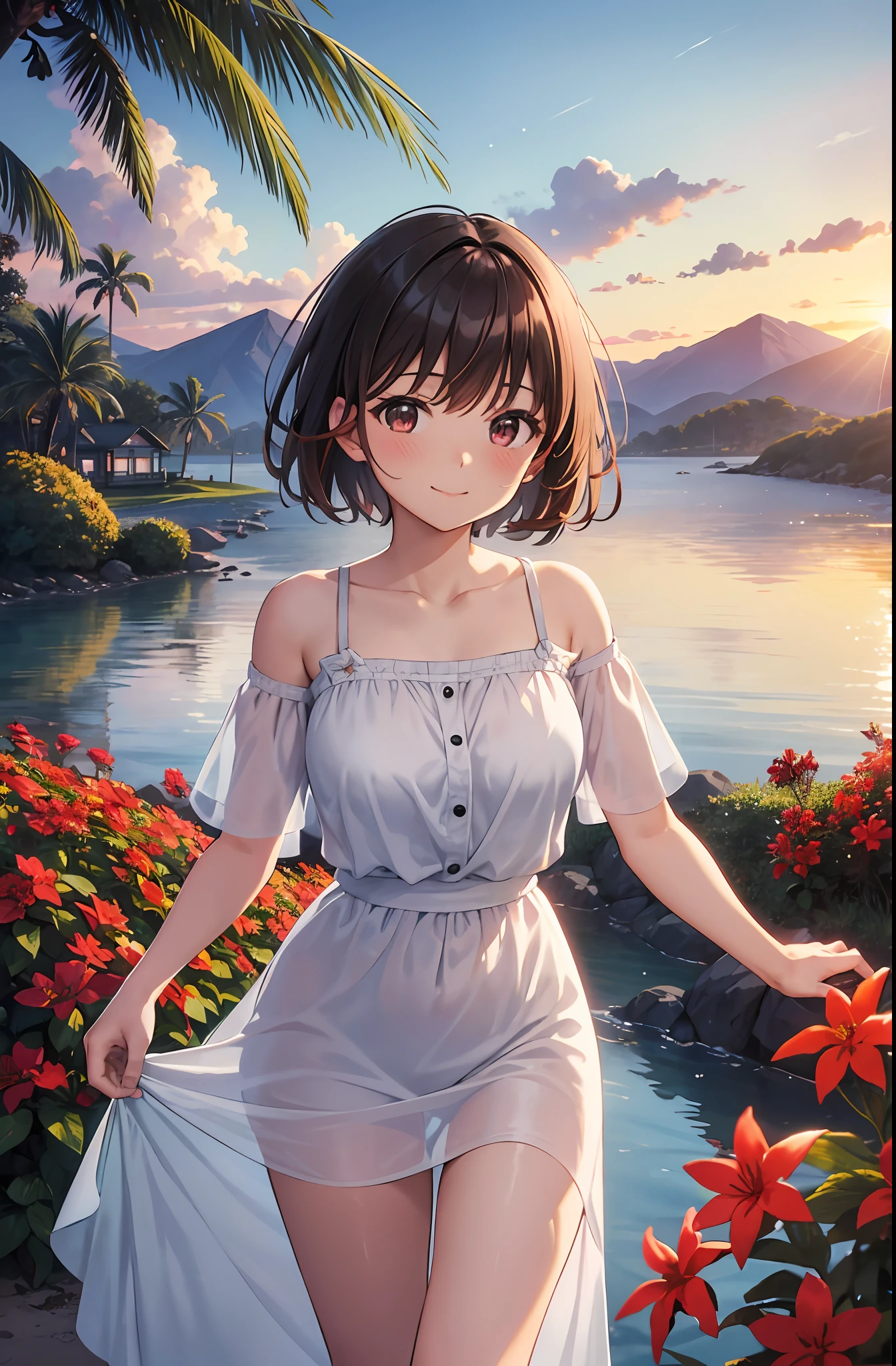 Kai Kokoai, STU48 Kai Kokoai, Short hair, Dark brown hair, 1girl, Autumn, autumn_leaves, Bangs, Beach, blue_sky, Blush, ??????, brown_hair, closed_mouth, Clouds, cloudy_sky, Clavicle, Day, Dress, Field, Flower, flower_field, Horizon, Lake, Leaf, looking_at_ viewer, mountain, mountainous_horizon, sea, outdoors, palm_tree, petal, plant, red_flower, short_hair, skirt_hold, sky, smile, solo, standing, sunset, tree, twilight, water, white_dress, perfect eye