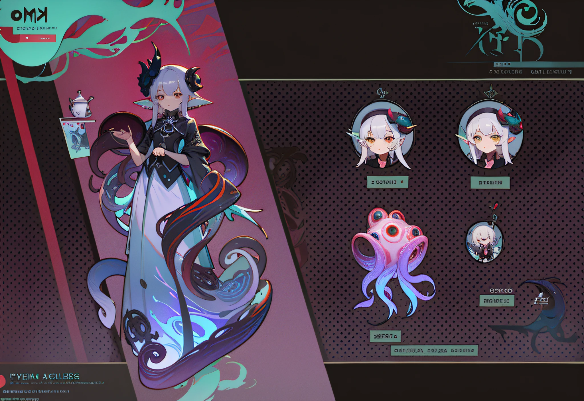 Three views, typography, many different types of items in this image, Loish|, tentacle creature combination, [character design], [concept art]!!, elf color scheme, blood moon tentacles!!, Cytus and Deemo style, demon aristocratic character design, dream concept art, jellyfish priestess, reference table