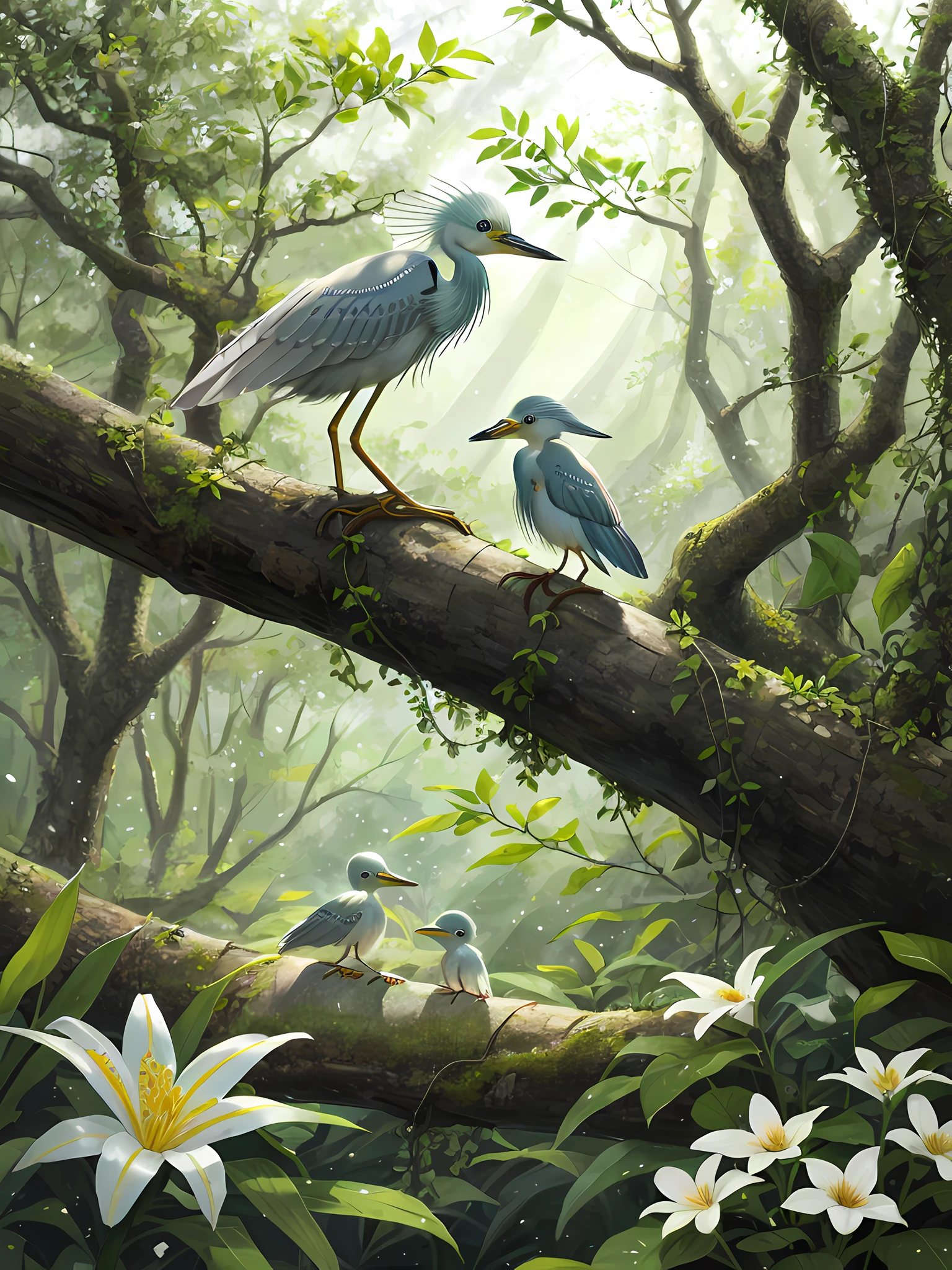 epic realistic photography, a drawing of a cute (:1.2) (Heron) surrounded by beautiful  flowers and trees in a forest clearing