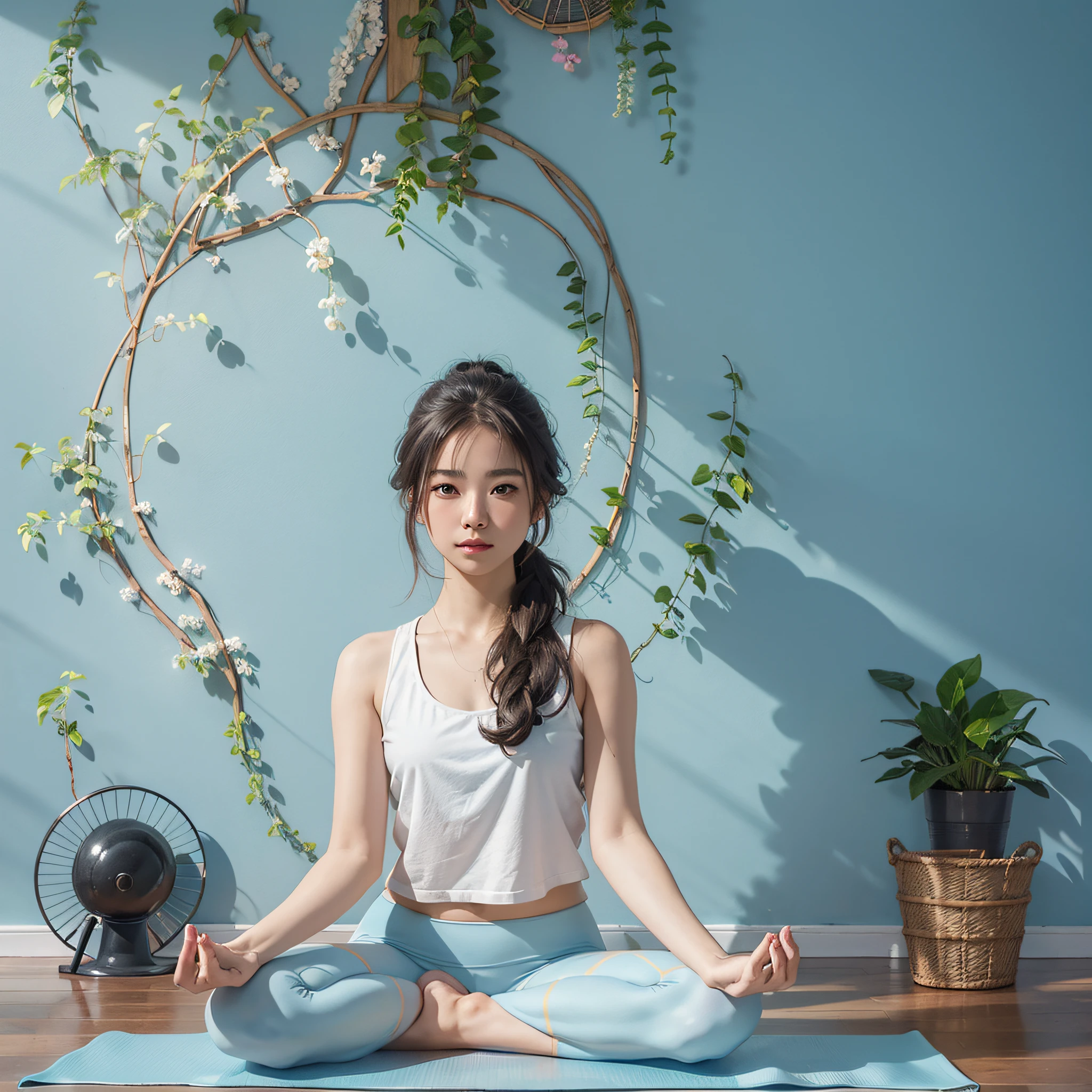 (Front view, masterpiece, 1 girl doing yoga in the room), summer, light blue color scheme, full-frame image