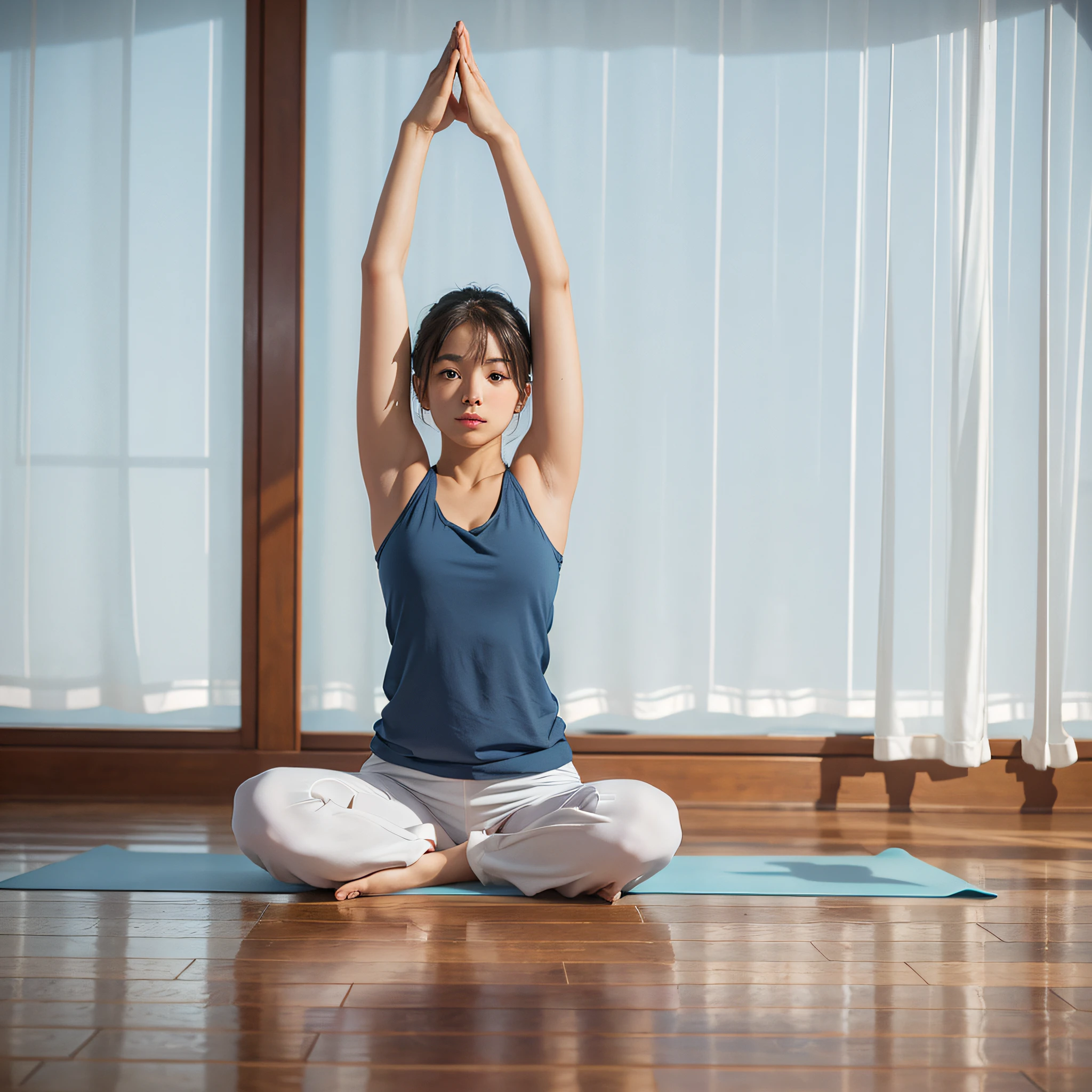 (Front view, masterpiece, 1 girl doing yoga in the room), summer, light blue color scheme, full-frame image