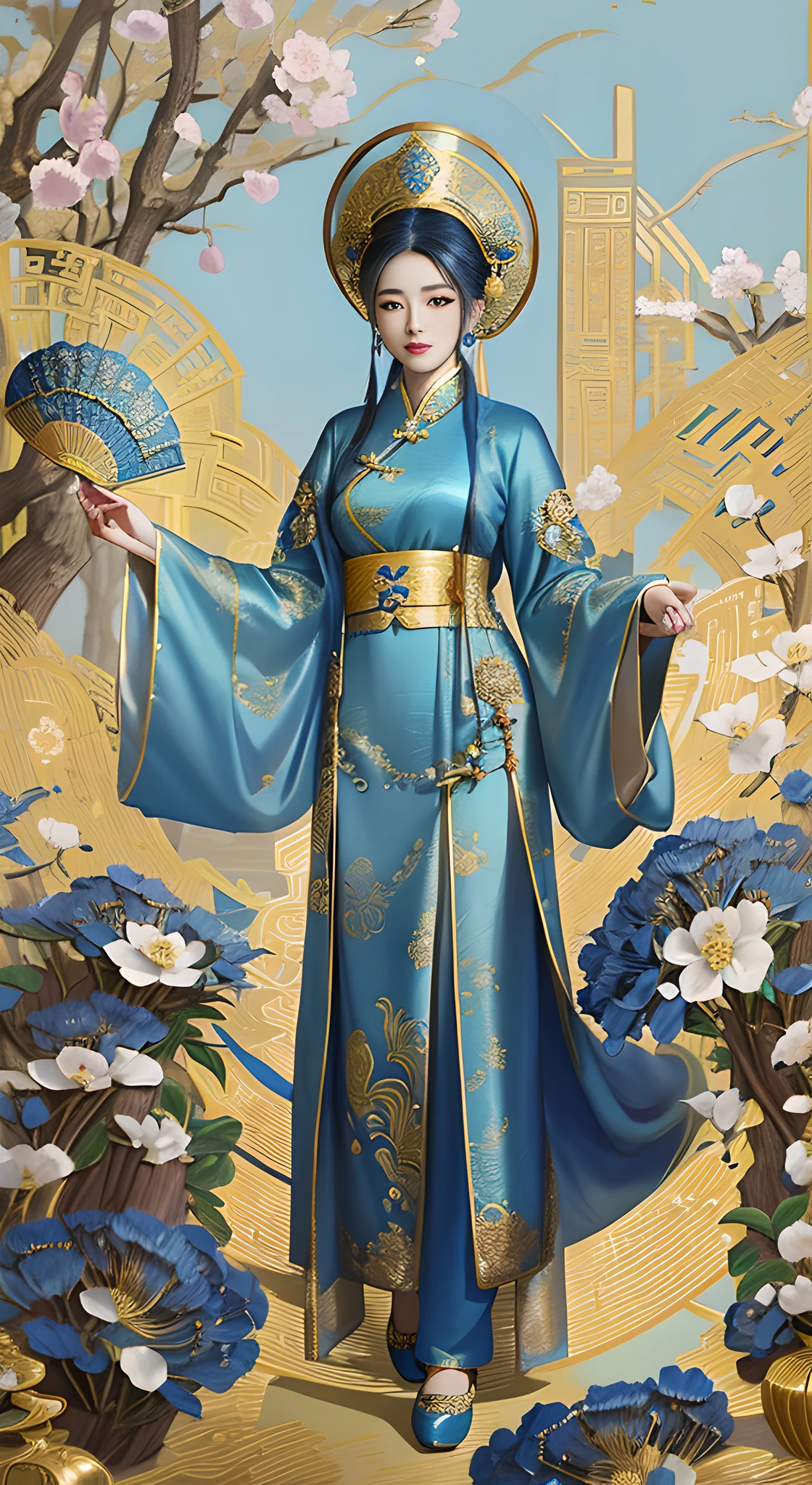 arafed image of a woman in a blue and gold dress and hat, hanfu, wearing ornate silk clothes, palace ， a girl in hanfu, a beautiful fantasy empress, oriental art nouveau, traditional chinese clothing, chinese costume, chinese empress, ancient chinese princess, inspired by Tang Di, ancient asian dynasty princess, wearing ancient chinese clothes, ao dai