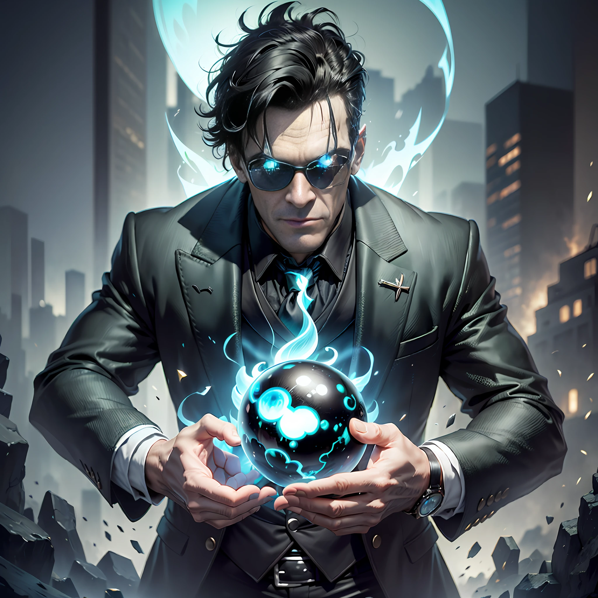((Hyper detailed)), (Definition 4k)), ((expert trait)), Frankenstein Monster, green face, black hair, black sunglasses, in a black suit, holding a blue fire orb