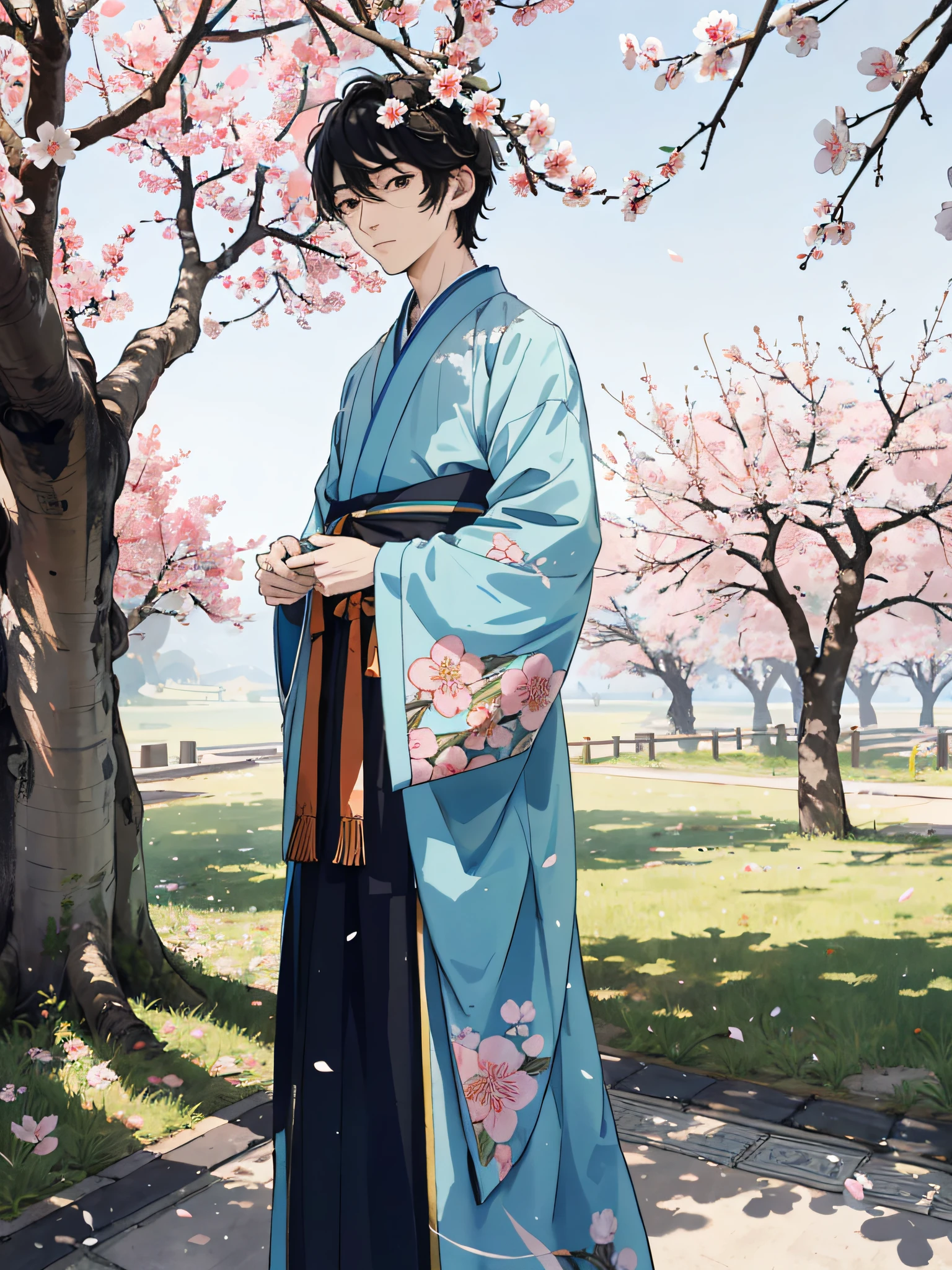Absurd, high definition, super detailed, texture detail, clear presentation, HD details, detail performance, (1 person: 1.3), hand drawn, simple lines, an 18-year-old man in colorful Hanfu, standing under a peach blossom tree, masterpiece, sunny day, looking at the camera