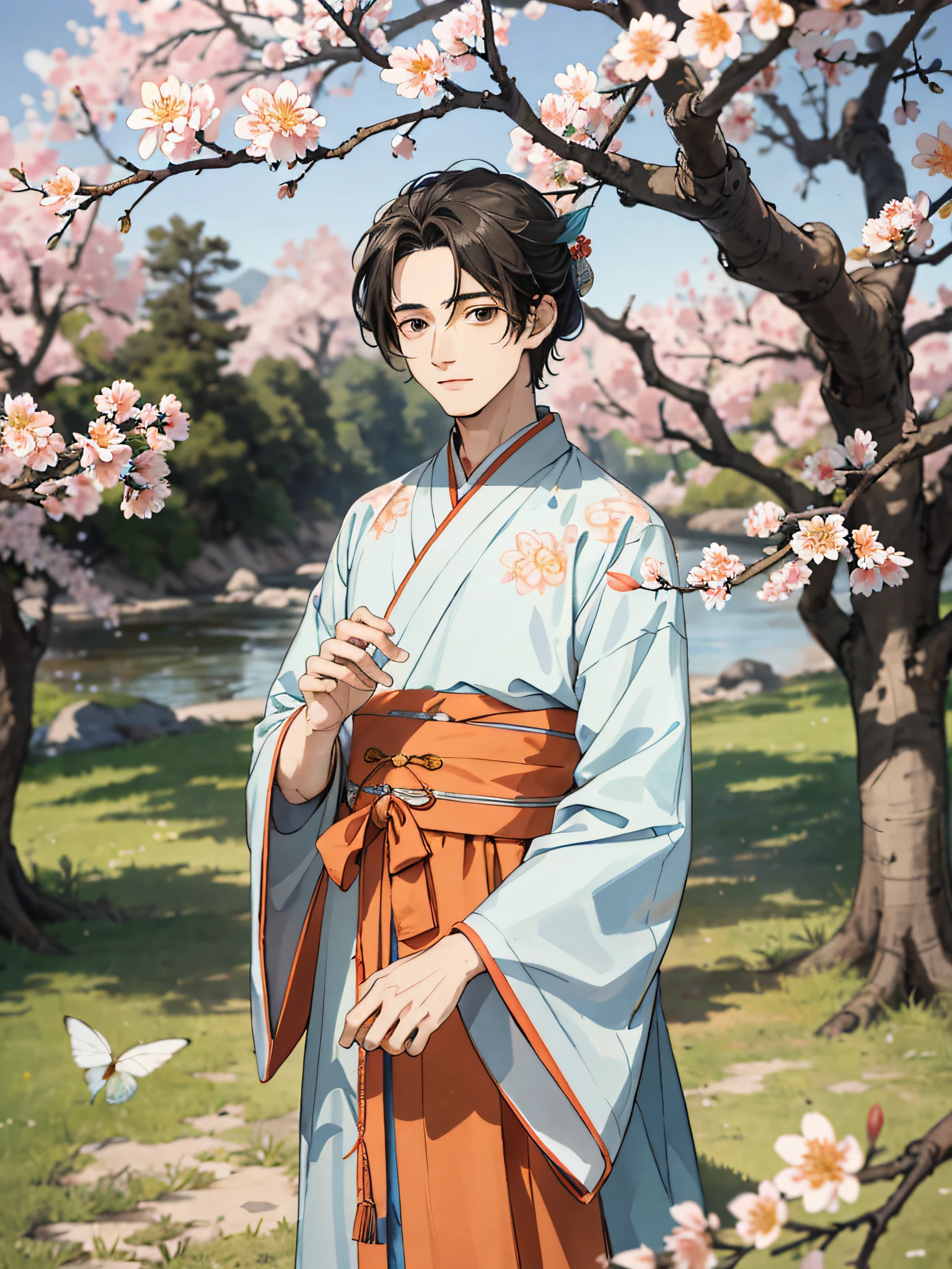 Absurd, high definition, super detailed, texture detail, clear presentation, HD details, detail performance, (1 person: 1.3), hand drawn, simple lines, an 18-year-old man in colorful Hanfu, standing under a peach blossom tree, masterpiece, sunny day, looking at the camera