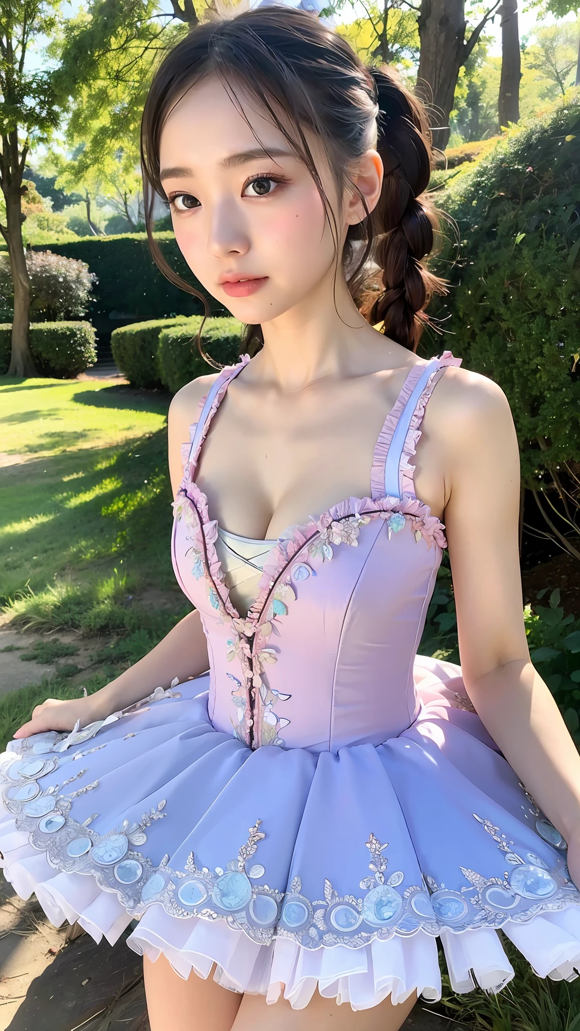 (Best quality, 8k, 32k, Masterpiece, UHD:1.2), Photo of Pretty Japanese woman, 1girl, (RAW photo), (realistic), (photorealistic:1.3), (high res), ultra detailed, Primaballerina_tutu, prima ballerina blue tutu, incredibly beautifull face and eyes, (loli:1.2), round small face, (gigantic breasts, cleavage), thin waist, slim proportions, forest at dawn, (sweaty), from below,