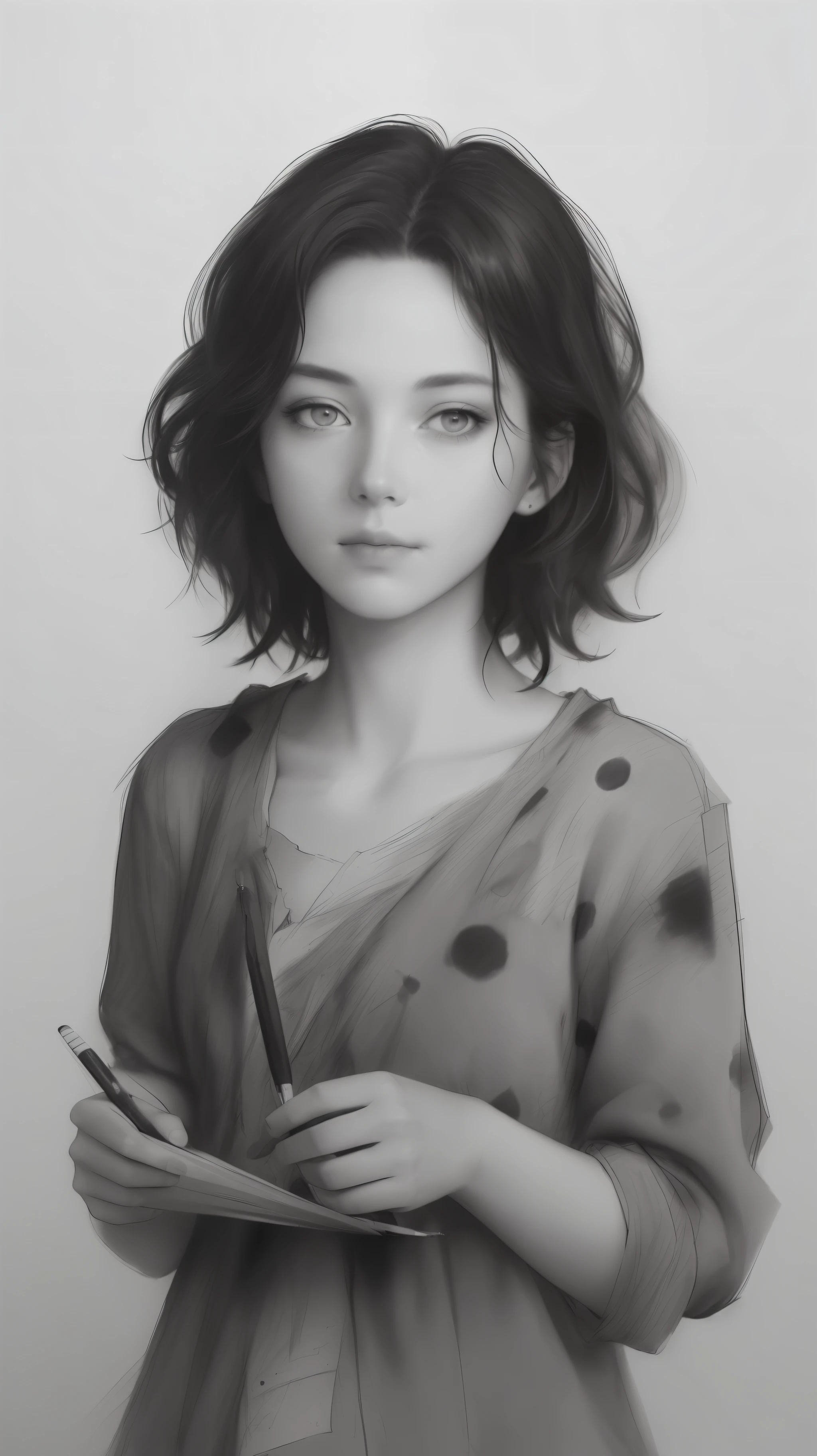 ((high quality, masterpiece:1.4)), 1girl, ((upper body)), portrait sketch, messy drawing, messy charcoal spots, unfinished sketch, sketchbook charcoal style drawing of a woman, sketchbook drawing, sketchbook, beautiful hair, medium short hair, beautiful face, symmetrical face, symmetrical eyes, ((paper material background)), realistic charcoal lines, imperfect drawing, charcoal crumbs, charcoal lines, imperfections
