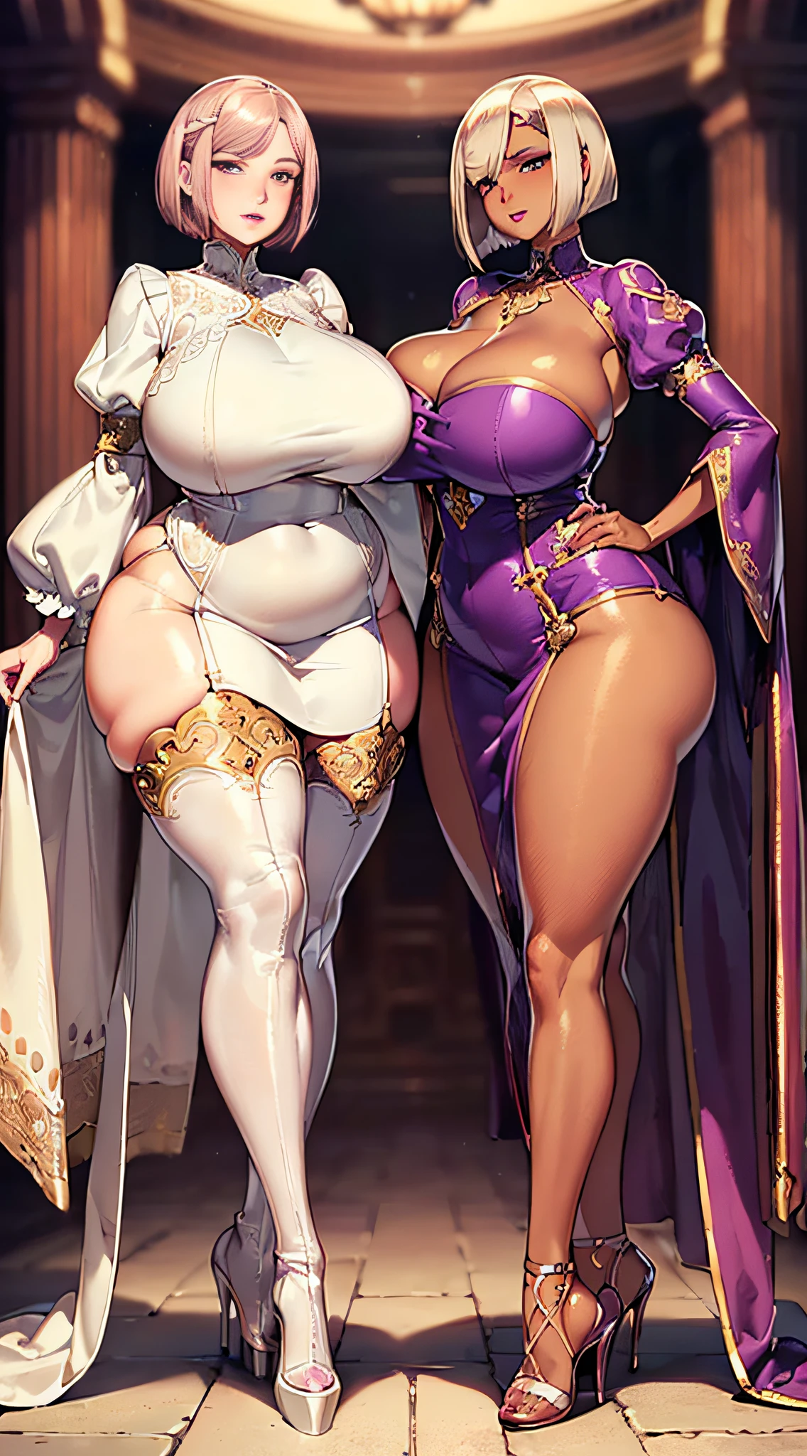 Elaborate CG artwork,(highest quality, exquisite details,absolute masterpiece.) (1 beauty mature women, Solo), detailed seductive eyes,((plump purple lips)),purple eye shadow,blush,captivating smile,((beautiful detailed white Tight Dresses, extremely shiny fabric, extremely wrinkled fabric, puffy sleeve)), (((Head to Toe Image))), ((Full Body Image)),Detailed Beautiful Mature Face,highly detailed beautiful face and eyes,blush,(((mahogany colored dark skin))),(((pale blonde hair))), ((((short graduated bob))),(blunt bangs),(curvy),(Chubby),(incredibly huge curvaceous ????), (very huge sensual ???),(ridiculously huge thick thighs), (((high heels))), Victory posture,