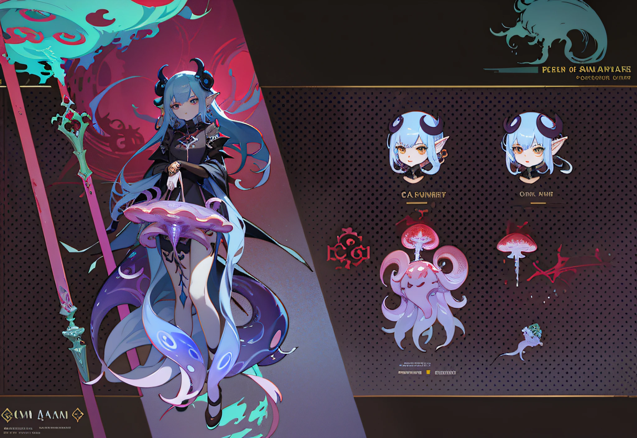 Three views, typography, many different types of items in this image, Loish|, tentacle creature combination, [character design], [concept art]!!, elf color scheme, blood moon tentacles!!, Cytus and Deemo style, demon aristocratic character design, dream concept art, jellyfish priestess, reference table