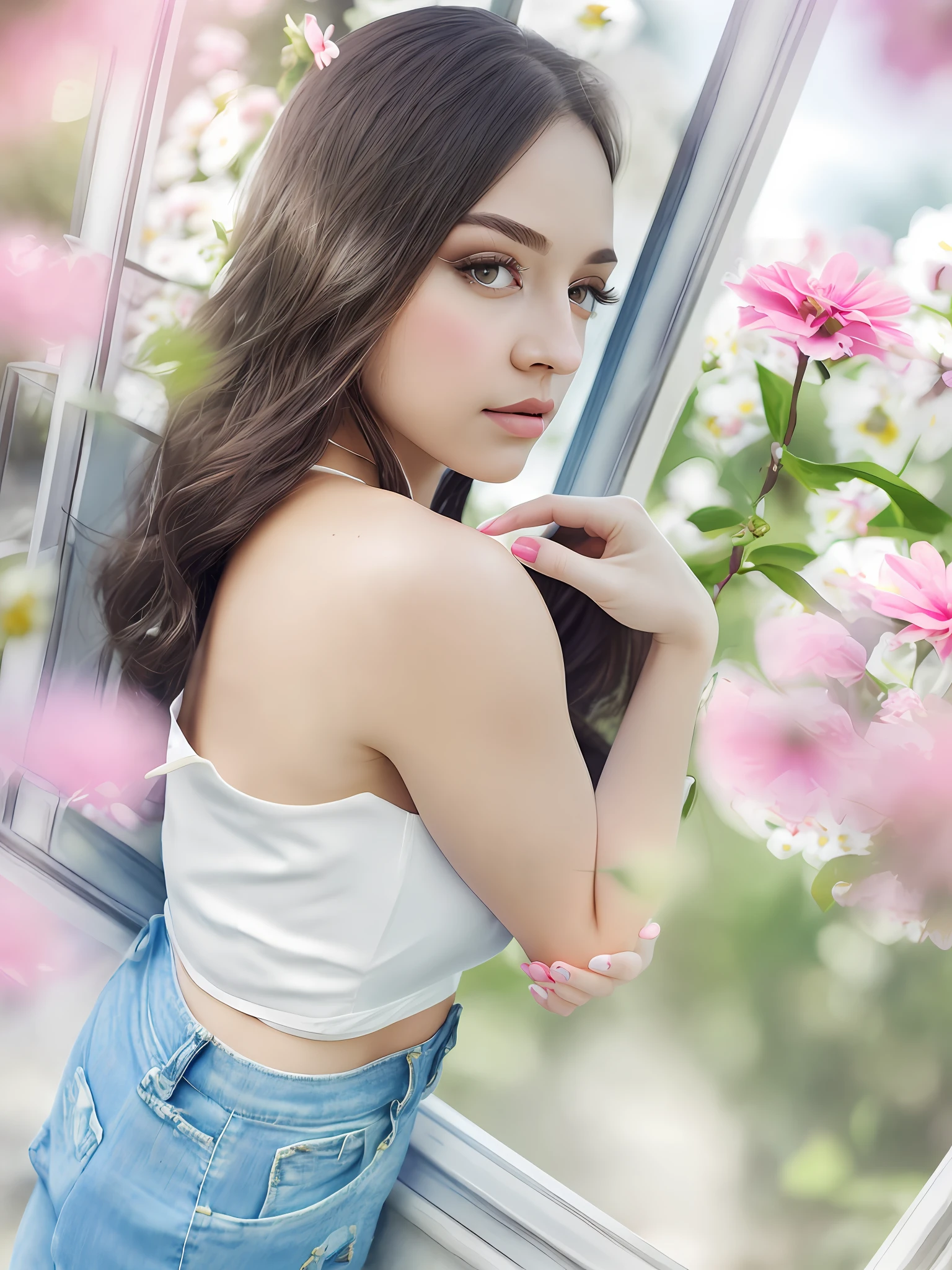 masterpiece, realistic, dull eyes, bright hair, dark brown hair, beautifly, garden background, background with flowers, pink flowers, white top, pink nails, blue denim skirt, 4k, HD, detailed, dark gray eyes, light tanned beige skin