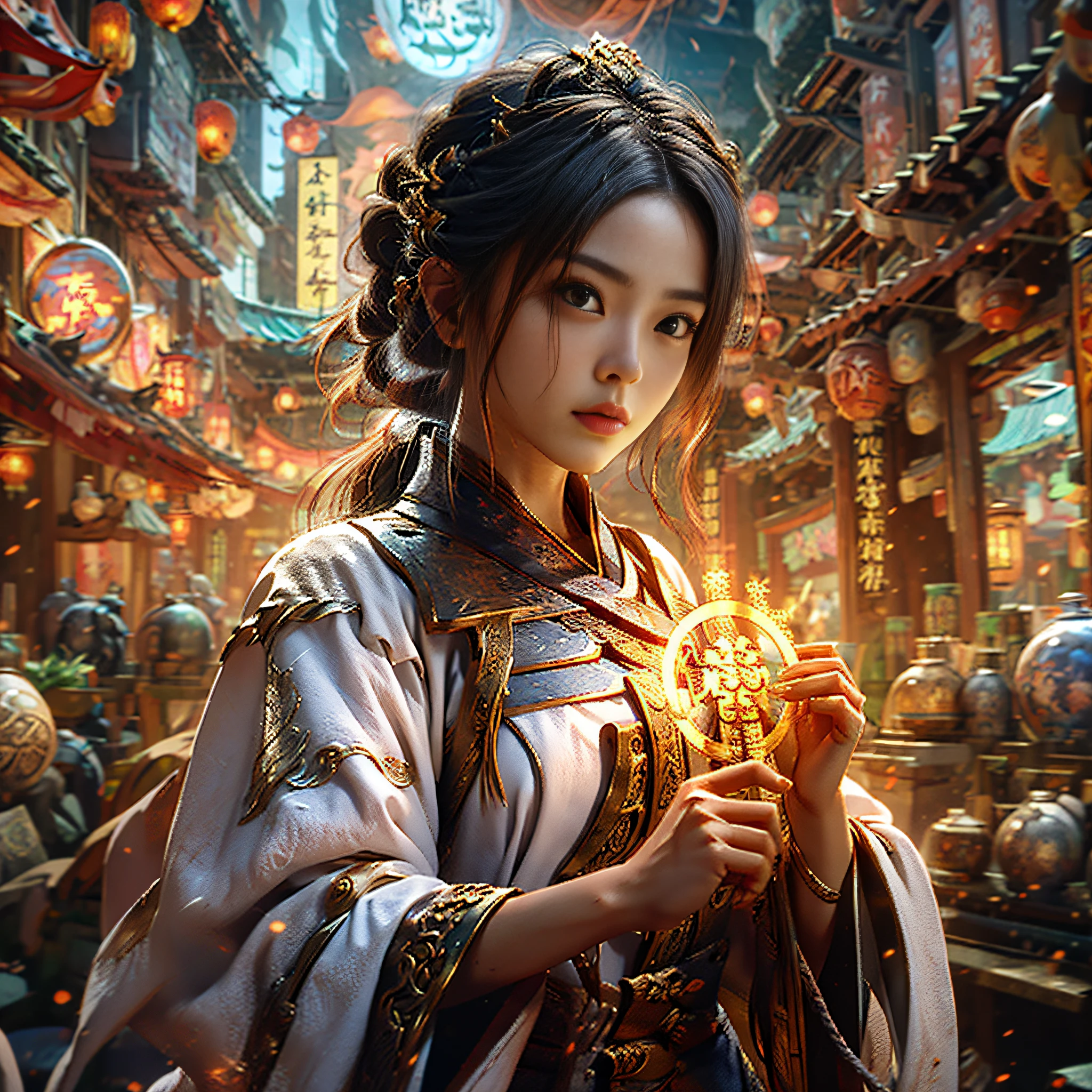 Best Quality, Masterpiece, Ultra High Resolution, (Realistic: 1.4), Xiuxian, Weapon, Detailed Face, .1 Girl, Solo, Weapon, (Magic Circle: 1.2), Xiuxian, Upper Body, Beautiful Girl, East Asian Architecture, Sheath, Architecture,.