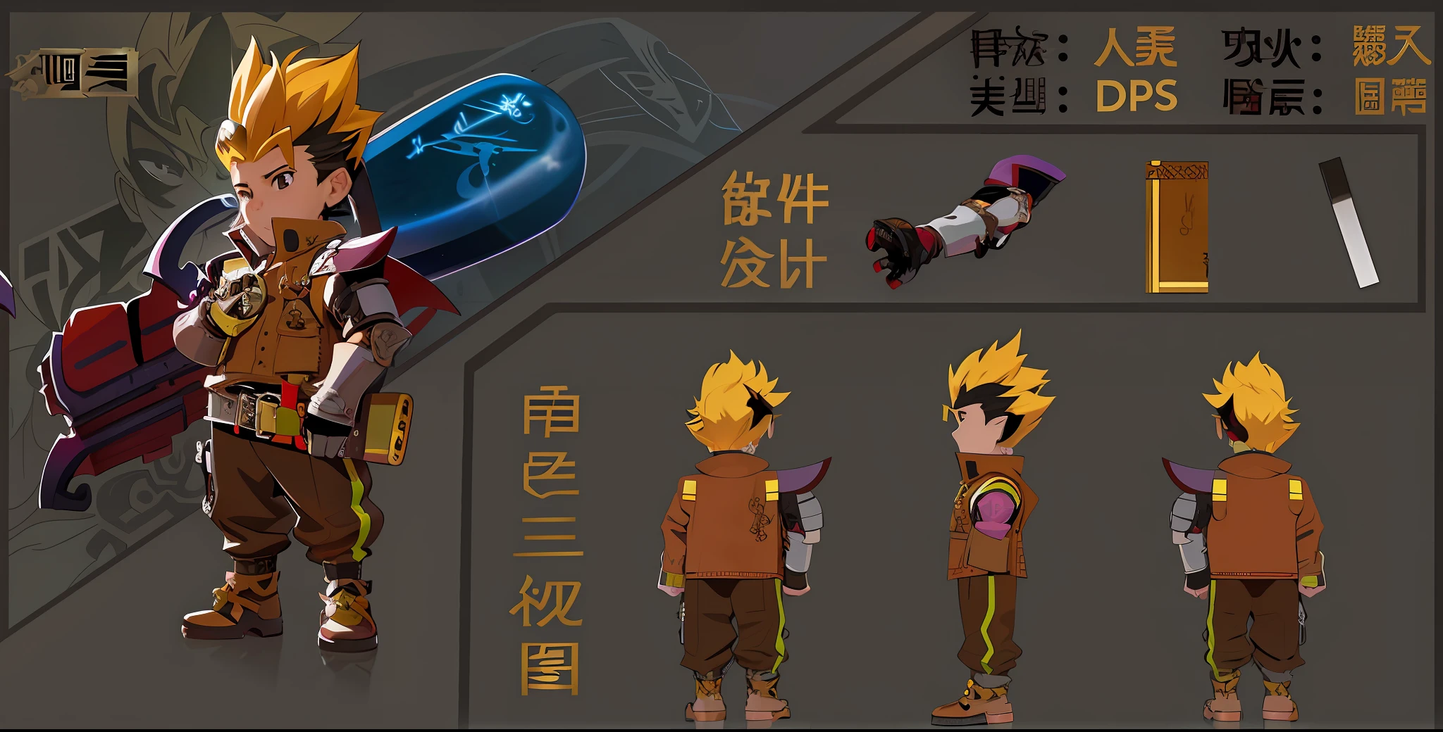 there are many different poses of a young man with a sword, full body concept, concept character, full body character concept, inafune design, stylized anime, chrono trigger guilty gear style, art style of dark cloud 2, ( ( character concept art ) ), anime stylized, full body action concept art, game character design, anime style character