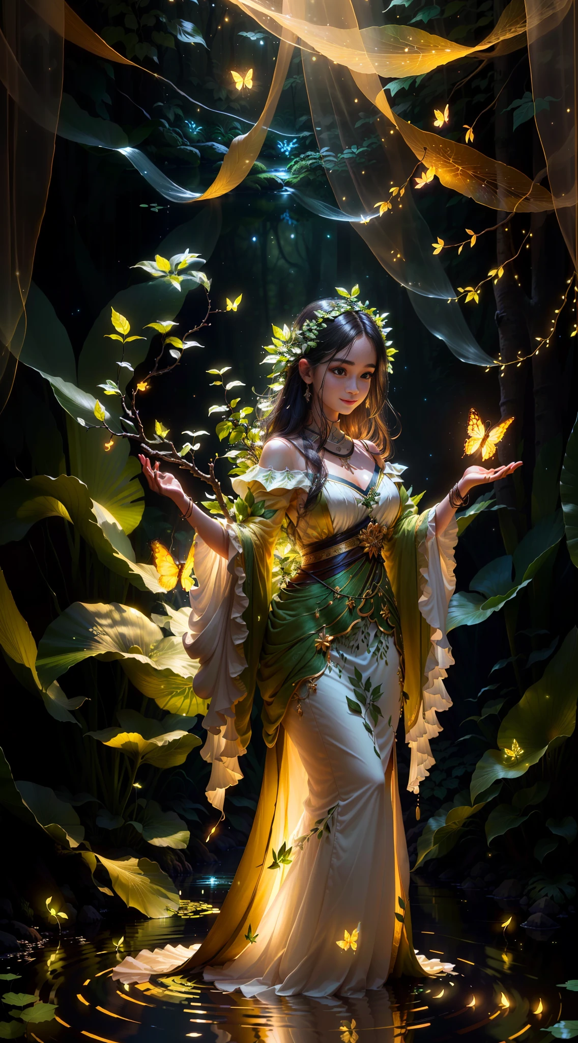 Masterpiece, best quality, extremely beautiful reflection, best reflection. Face detailed, aesthetic, fine facial features, perfect, smile, (very detailed CG unity 8k wallpaper), (best quality), (best illustration), (best shadow), forest theme with natural elements. Tall trees, quiet stream, glowing little mushrooms, surrounded by delicate leaves and branches, as well as fireflies and glowing particle effects, maide, standing, water, (natural elements), (jungle theme), (leaves), (branches), (fireflies), butterflies, (delicate leaves), (glow), (particle effects). , isometric 3D, Octane rendering, ray tracing, super detailed,