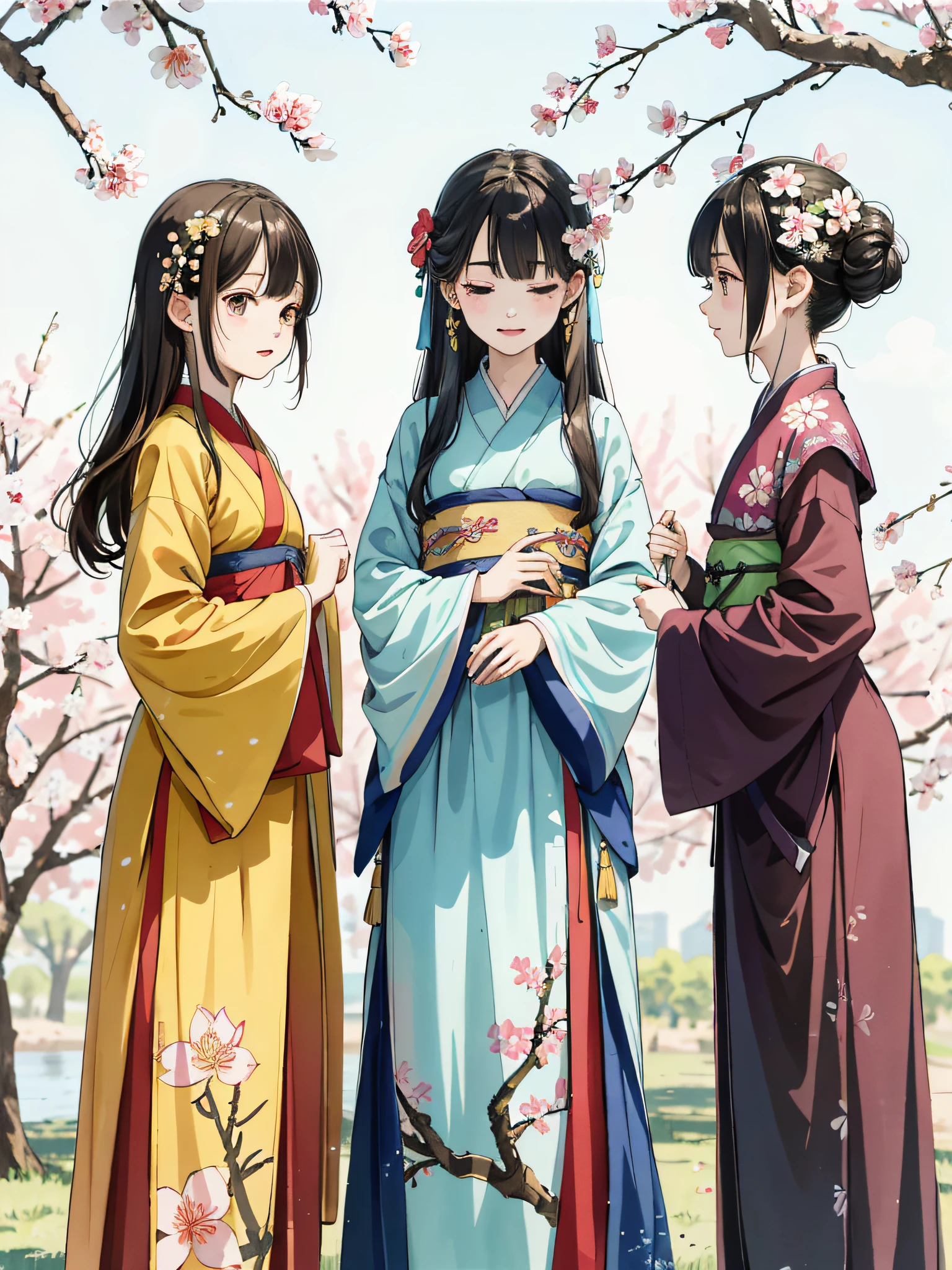 Absurd, high definition, super detailed, (3 girls: 1.3), hand-drawn, simple lines, three 20-year-old girls in colorful Hanfu, standing under the peach blossom tree, masterpiece, sunny day, looking at the camera and crying, crying