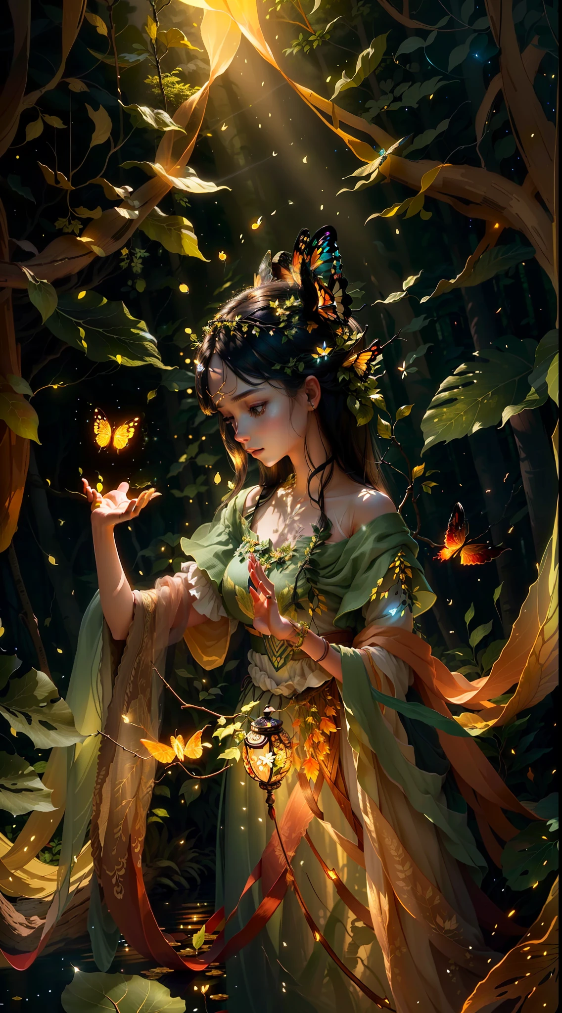 Masterpiece, best quality, extremely beautiful reflection, best reflection. (Very detailed CG unity 8k wallpaper), (best quality), (best illustration), (best shadow), forest theme with natural elements. Tall trees, quiet stream, glowing little mushrooms, surrounded by delicate leaves and branches, as well as fireflies and glowing particle effects, maide, standing, water, (natural elements), (jungle theme), (leaves), (branches), (fireflies), butterflies, (delicate leaves), (glow), (particle effects). , isometric 3D, Octane rendering, ray tracing, super detailed,