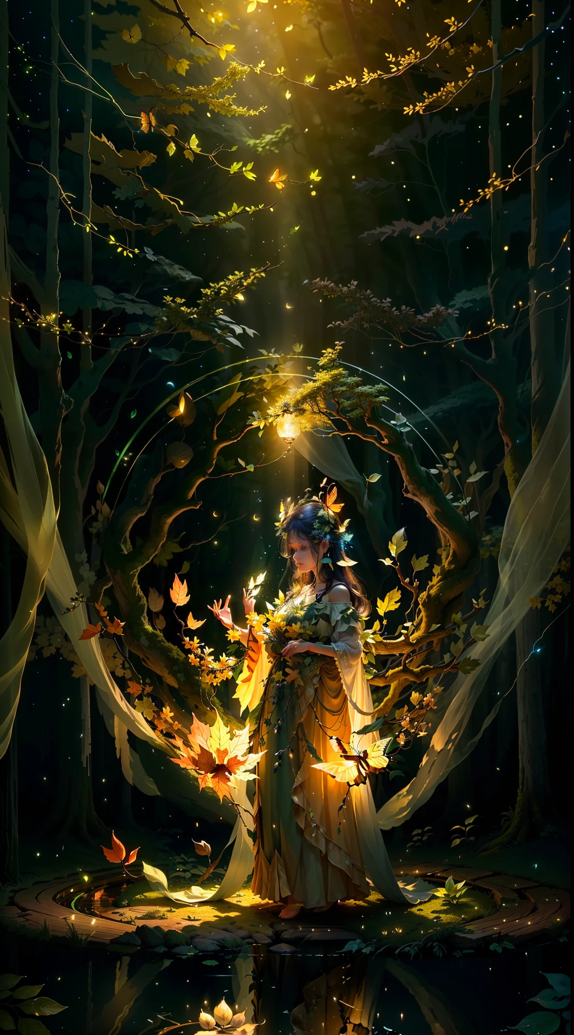 Masterpiece, best quality, extremely beautiful reflection, best reflection. (Very detailed CG unity 8k wallpaper), (best quality), (best illustration), (best shadow), forest theme with natural elements. Tall trees, quiet stream, glowing little mushrooms, surrounded by delicate leaves and branches, as well as fireflies and glowing particle effects, maide, standing, water, (natural elements), (jungle theme), (leaves), (branches), (fireflies), butterflies, (delicate leaves), (glow), (particle effects). , isometric 3D, Octane rendering, ray tracing, super detailed,