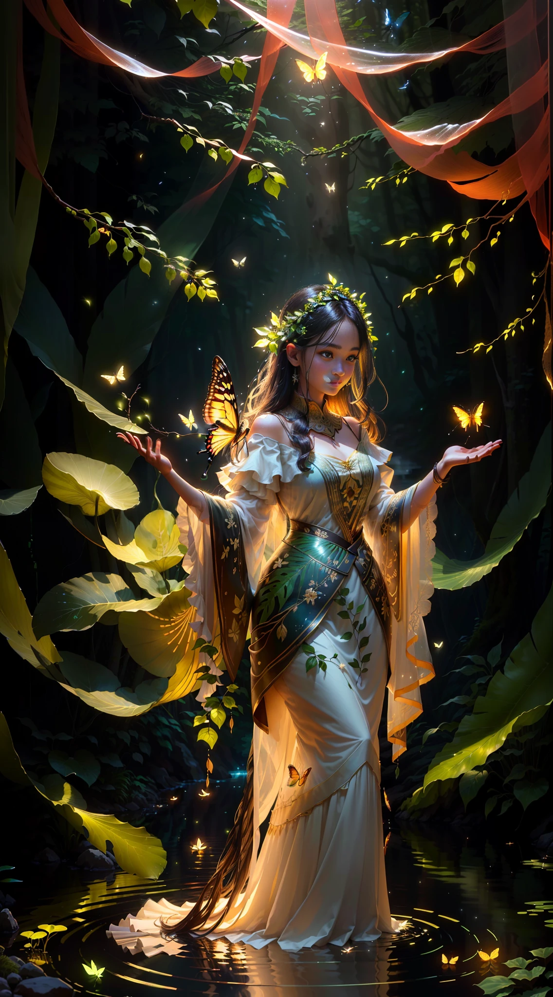 Masterpiece, best quality, extremely beautiful reflection, best reflection. Face detailed, aesthetic, fine facial features, perfect, smile, (very detailed CG unity 8k wallpaper), (best quality), (best illustration), (best shadow), forest theme with natural elements. Tall trees, quiet stream, glowing little mushrooms, surrounded by delicate leaves and branches, as well as fireflies and glowing particle effects, maide, standing, water, (natural elements), (jungle theme), (leaves), (branches), (fireflies), butterflies, (delicate leaves), (glow), (particle effects). , isometric 3D, Octane rendering, ray tracing, super detailed,