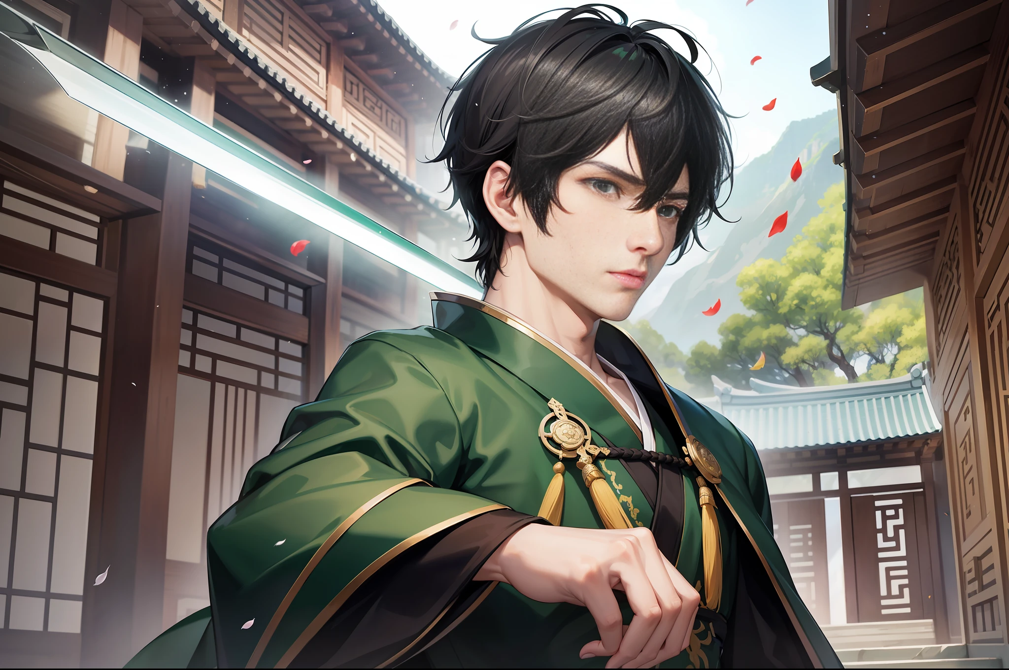 Adult male, tall, green eyes, short black hair, short hair, resolute eyes, cyan martial arts robe, robe, fov, f/1.8, masterpiece, ancient Chinese style architecture, petals flying, imperial sword flying, front portrait shot, side light, moonlight shining on people, 8K, eyes looking directly at the screen