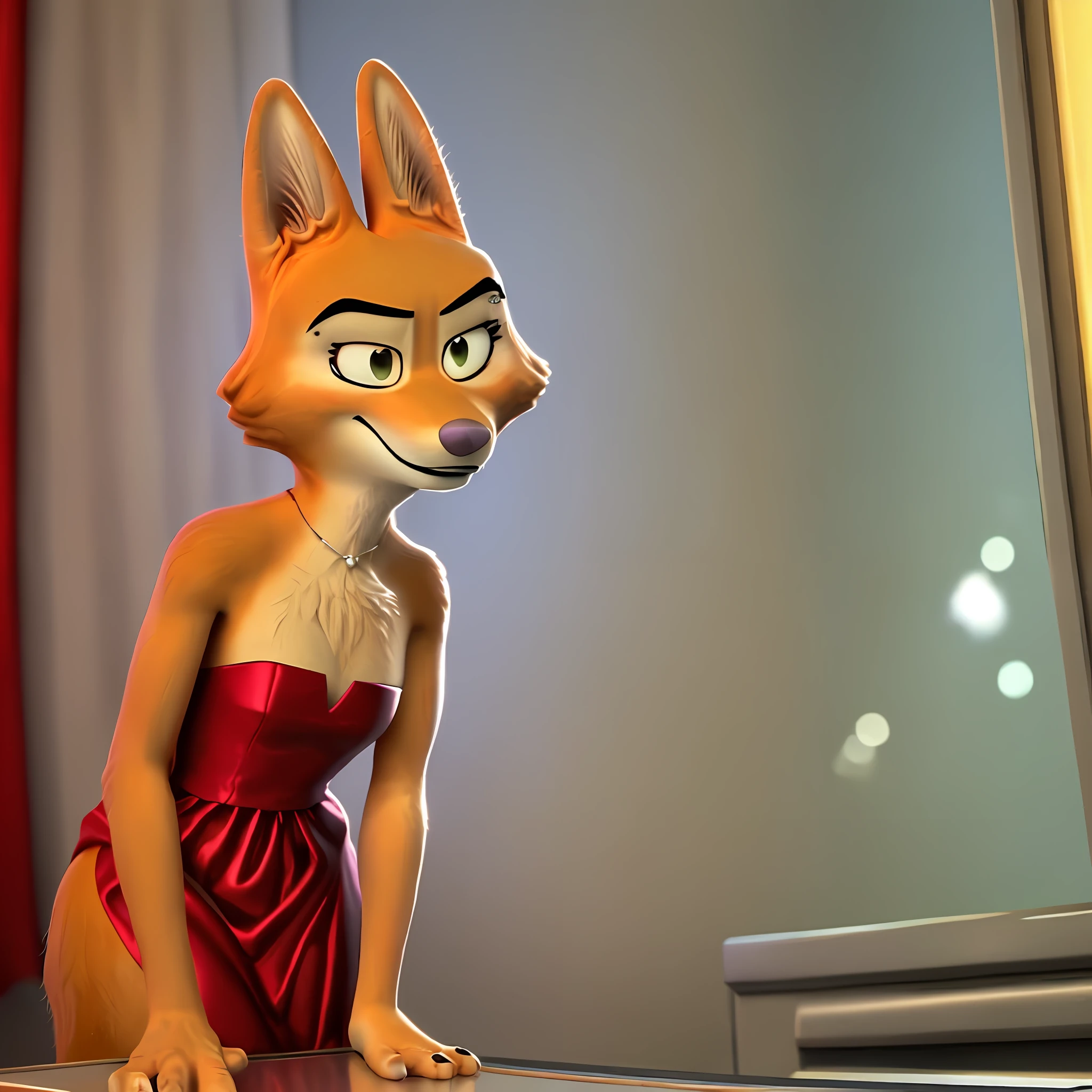 [Diane Foxington from Dreamworks The Bad Guys], [Uploaded to e621.net; (Foxovh), (Pixelsketcher)], ((masterpiece)), ((solo portrait)), ((1girl)), ((upper body close-up)), ((furry; antrho fox girl)), ((detailed fur)), ((raytracing; reflective surfaces)), ((detailed shading)), ((beautiful render art)), ((cel shading)), ((nighttime lighting)), {anthro fox; (orange fur, pink nose, pointed ears), small round black eyes, seductive gaze; half closed eyes, smug smirk), (purple tight dress; shiny texture), small boobs, curvaceous thin hips), (eye piercing; LEFT eye}, (arms crossed under chest; attractive pose, leaning on countertop), [background; fancy hotel; (bedroom; red bed, mood candles), window; (red curtains)]