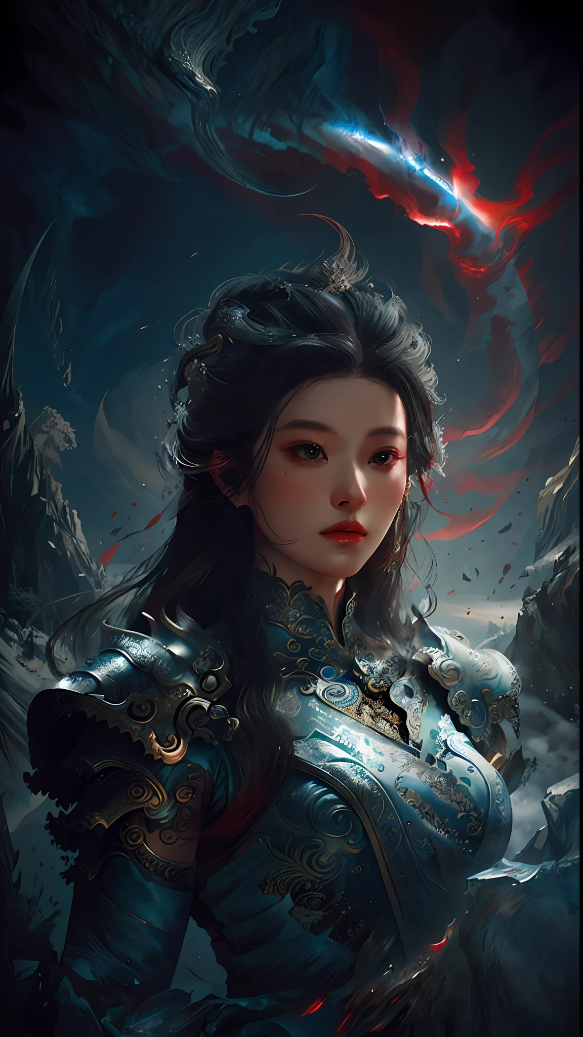 a close up of a woman in a women in a silver and red dress, chengwei pan on artstation, by Yang J, detailed fantasy art, stunning character art, fanart best artstation, epic exquisite character art, beautiful armor, extremely detailed artgerm, detailed digital 动漫艺术, artstation pixiv 上的 artgerm, armor girl