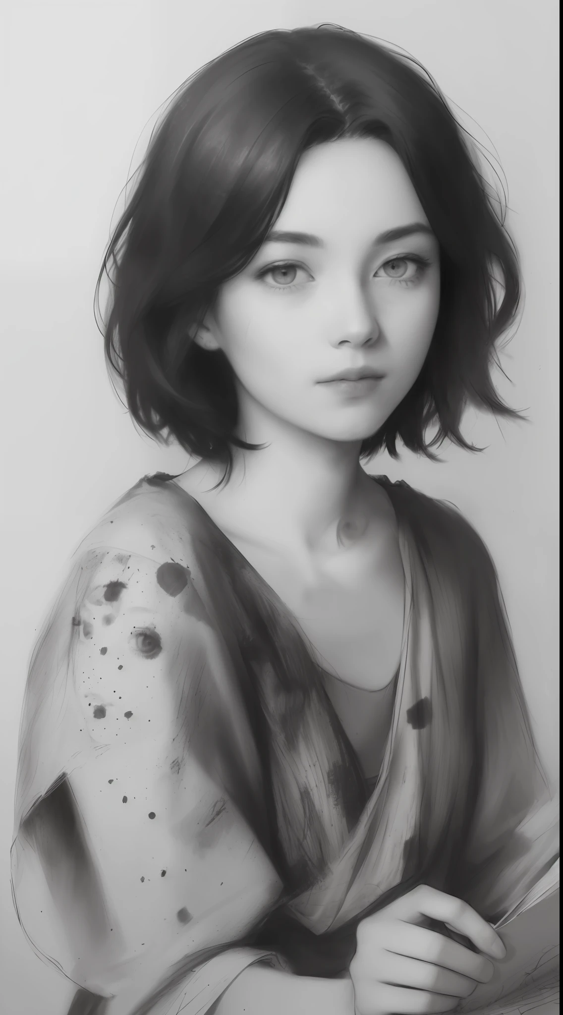 ((high quality, masterpiece:1.4)), 1girl, ((upper body)), portrait sketch, messy drawing, messy charcoal spots, unfinished sketch, sketchbook charcoal style drawing of a woman, sketchbook drawing, sketchbook, beautiful hair, medium short hair, beautiful face, symmetrical face, symmetrical eyes, ((paper material background)), realistic charcoal lines, imperfect drawing, charcoal crumbs, charcoal lines, imperfections