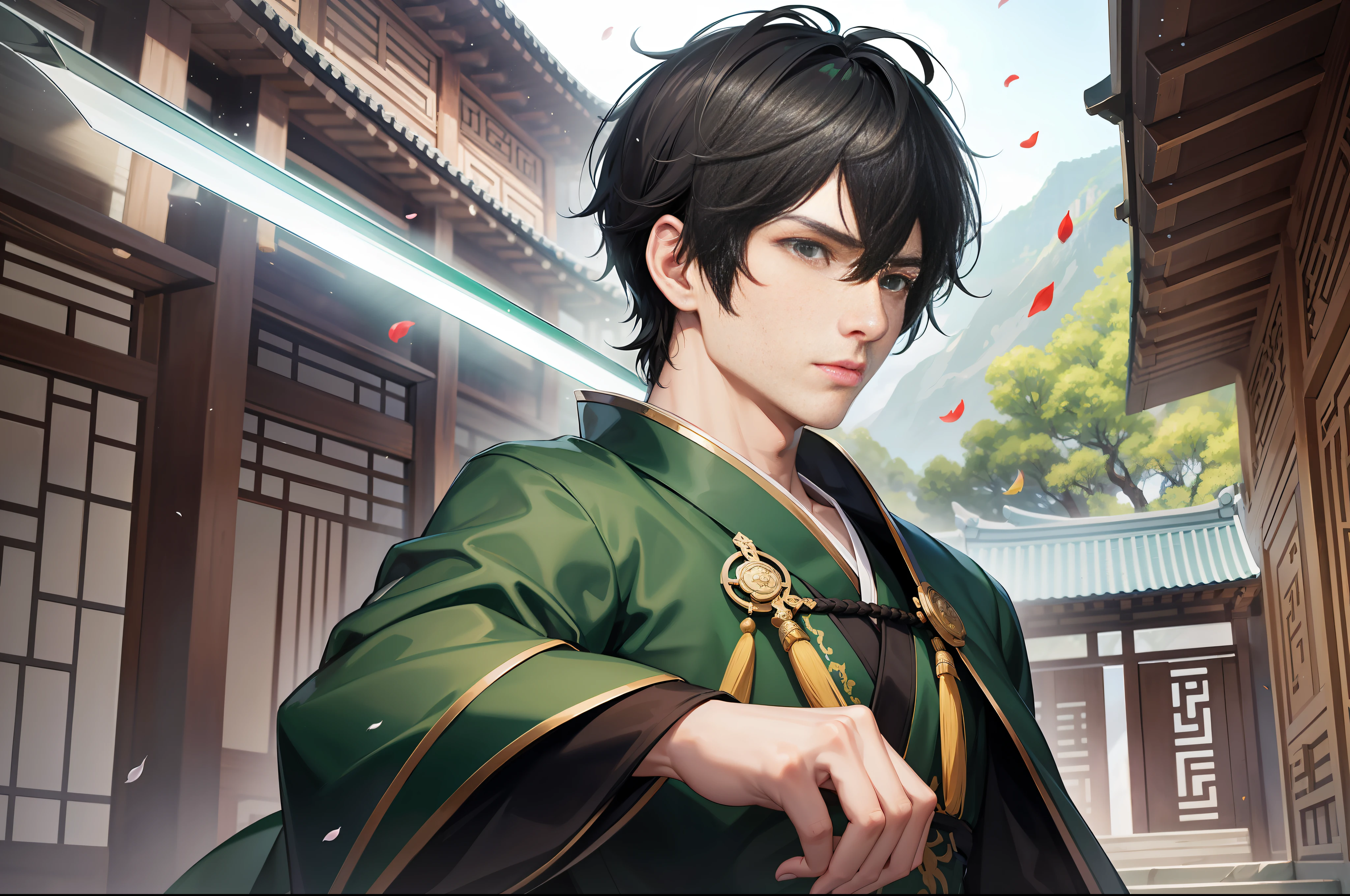 Adult male, tall, green eyes, short black hair, short hair, resolute eyes, cyan martial arts robe, robe, fov, f/1.8, masterpiece, ancient Chinese style architecture, petals flying, imperial sword flying, front portrait shot, side light, moonlight shining on people, 8K, eyes looking directly at the screen
