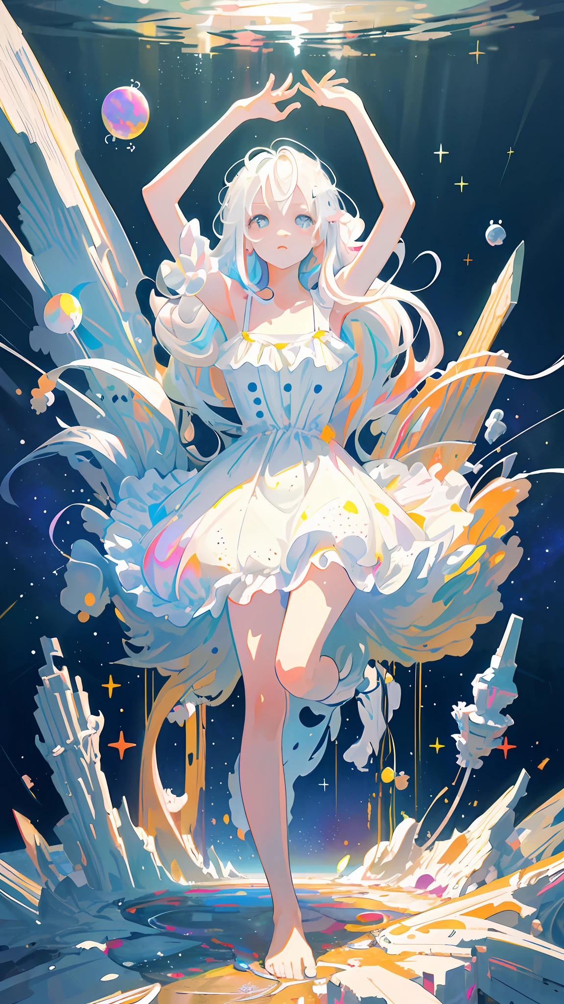 (masterpiece, best quality:1.2), (ultra detailed),(illustration), wallpaper, original,
1girl, messy white hair, spaghetti strap, white dress, bare legs, bare feet, bare arms, space, Earth background, near-earth orbit, full body,
,(surrounded by colorful splashes and dot),colorful bubble,(shining)