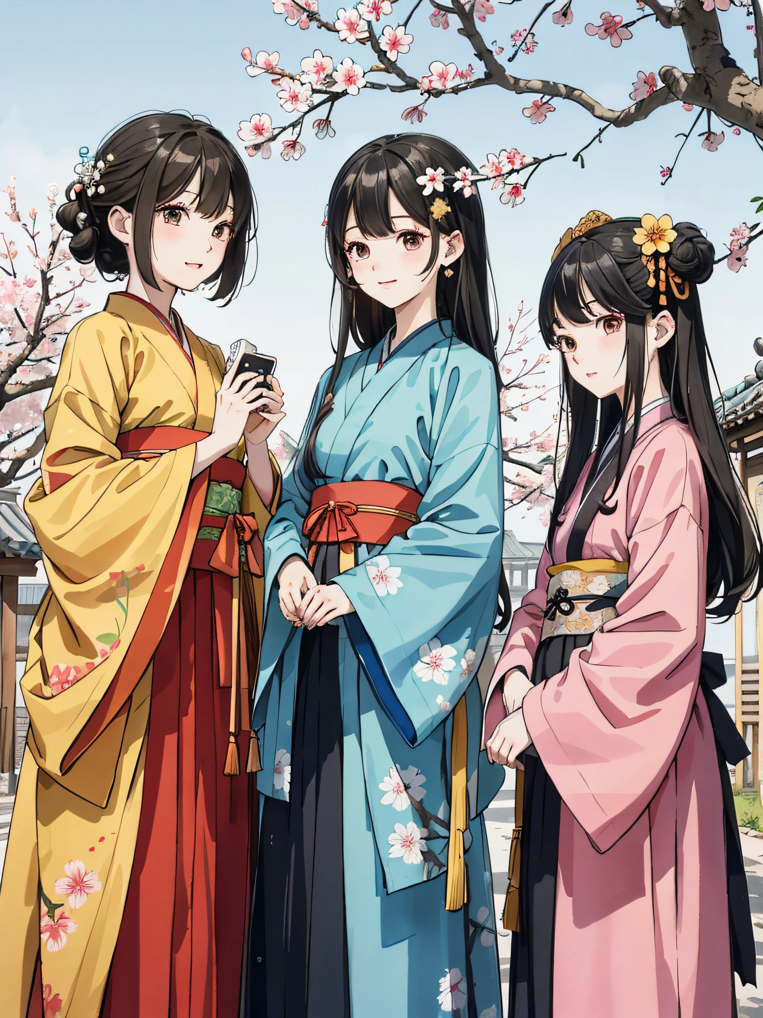 Absurd, high definition, super detailed, (3 girls: 1.3), hand-drawn, simple lines, three 20-year-old girls in colorful Hanfu, standing under the peach blossom tree, masterpiece, sunny day, looking at the camera and crying, crying
