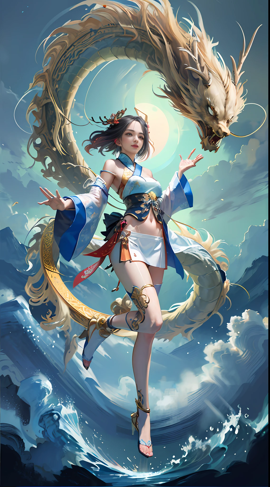 Official Art, Unified 8K Wallpapers, Ultra Detailed, Beautiful and Aesthetic, Masterpiece, Best Quality, (Zentangle, Tangle, Entangle), (fractal art: 1.4), (character center: 1.3), 1girl, black hair, Chinese, off-the-shoulders, short skirt, calf, navel, very detailed, dynamic angle, cowboyshot, (most beautiful form of chaos), ethereal, (bright colors), oc, (half: 1.2), china, (thangka flying sky: 1.5), (ribbon: 1.3), (dream: 1.5), (hanfu: 1.5), Chinese dragon, Chinese phoenix, (smile: 0.5), ( Chinese deities),