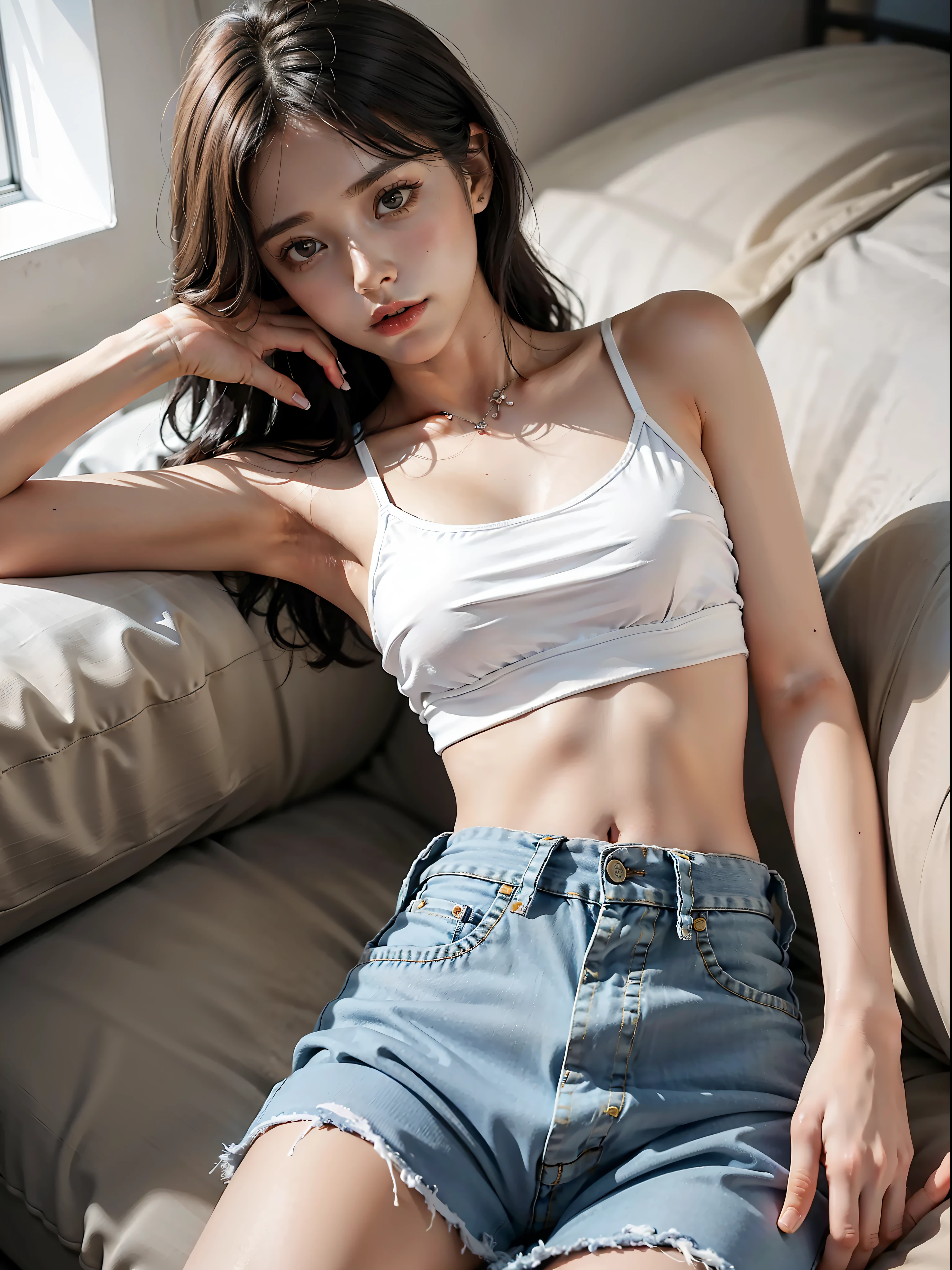 Girl in white bra and tight denim skirt posing for photo, full body, with cropped T-shirt, bra, slim body, smaller bust, slim girl model, 24-year-old female model, lying on the construction site, a group of black men onlooking