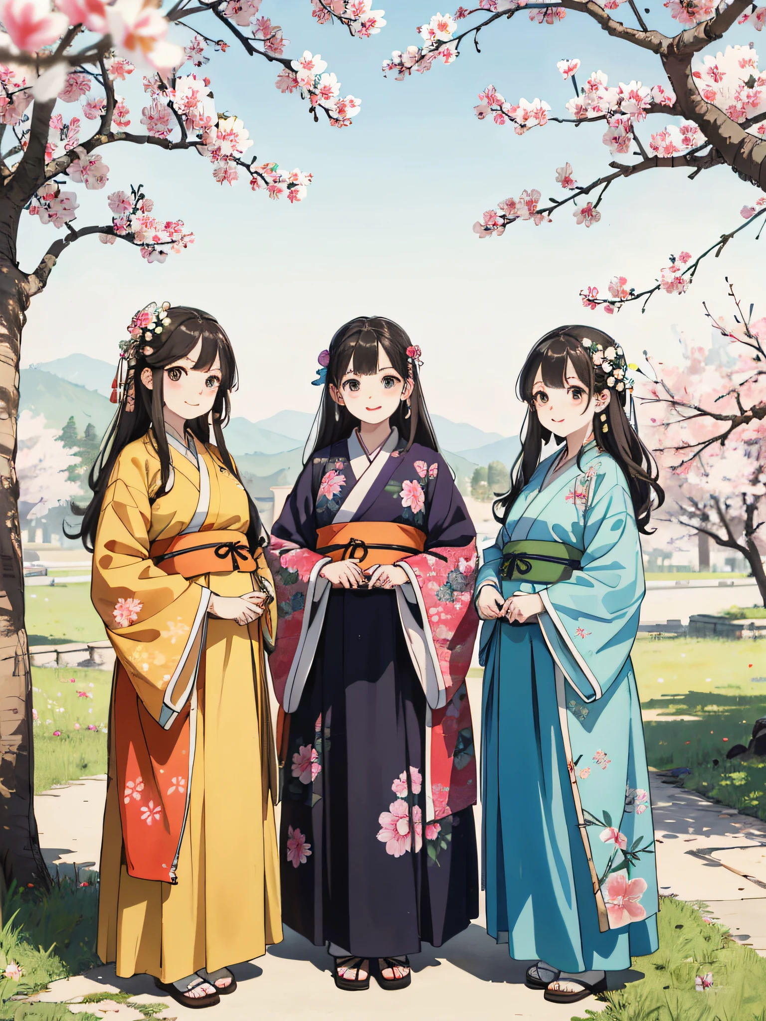 Absurd, high definition, super detailed, (3 fat girls: 1.3), hand-drawn, simple lines, three 20-year-old girls in colorful Hanfu, standing under the peach blossom tree, masterpiece, sunny day, looking at the camera