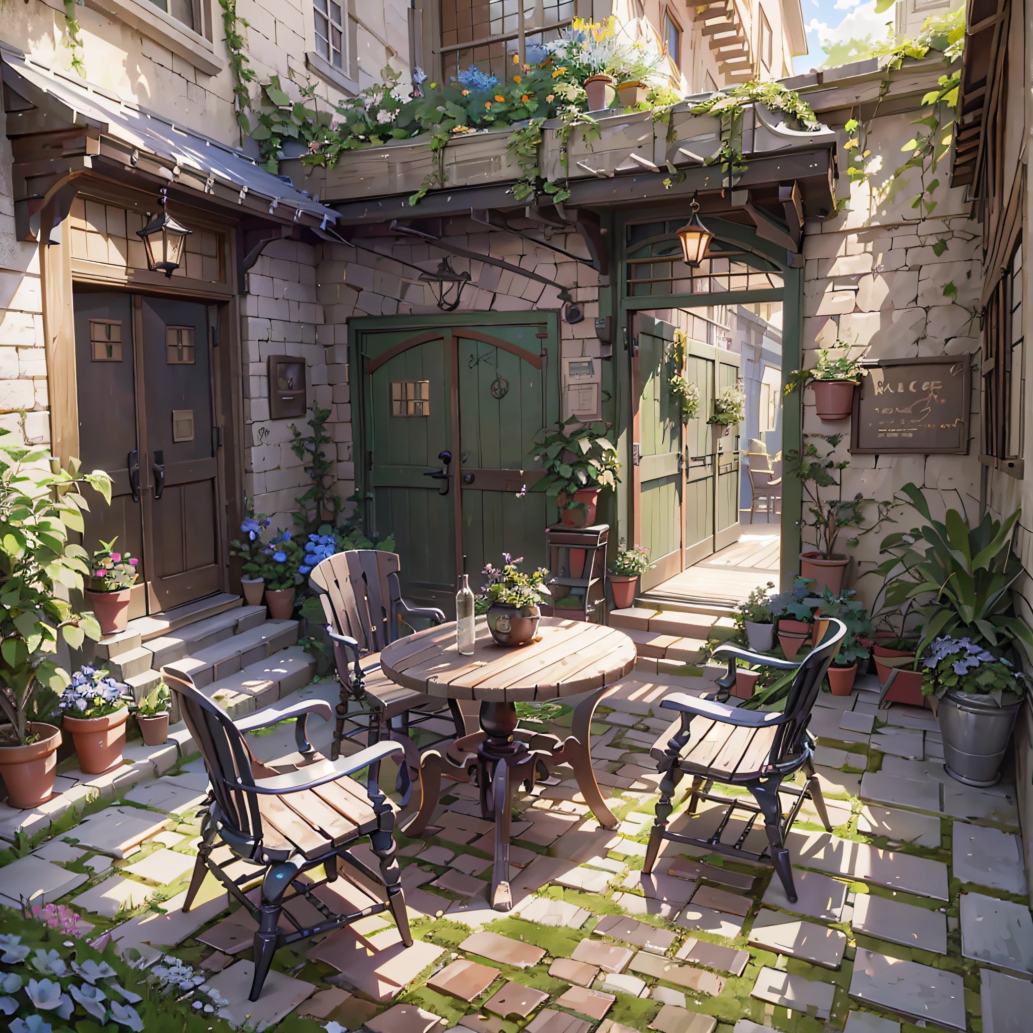 there is a patio with a table and chairs and a door, by senior environment artist, relaxing concept art, inspired by senior environment artist, beautiful 3 d concept art, environment art, 3 d stylize scene, cozy cafe background, anime scenery concept art, akihiko yoshida. unreal engine, anime background art, realistic 3 d style, highly detailed scene