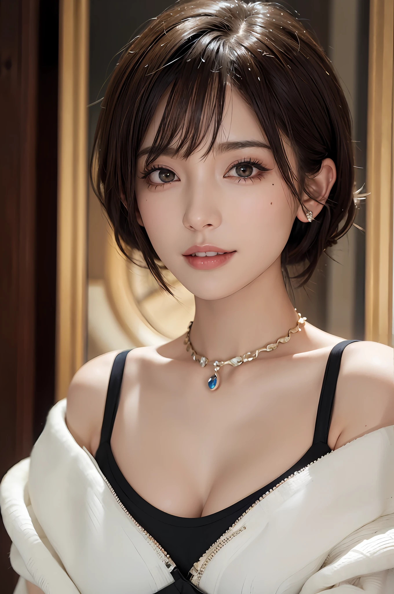 (Masterpiece: 1.3), (8k, Photorealistic, RAW Photo, Best Quality: 1.4), (1girl), Beautiful Face, (Realistic Face), (Black Hair, Short Hair: 1.3), Beautiful Hairstyle, Bangs, Bangs, Realistic Eyes, Gloss, Highlights, Highlights in the Eyes, Eyelashes, Beautiful Detail Eyes, (Realistic Skin), Beautiful Skin, Transparency, Off Shoulder, Red Knit, Blue Knit, Black shoulder straps, shoulder straps, thick choker, bust, smile, teeth, absurdity, attractive, ultra high resolution, ultra realistic, high definition, golden ratio, crystal clear eyes, wet, mole, gaze on camera, ears, sparkle, long neck, double eyelids, big eyes, cheeks, gentle personality, charming personality, tenderness, touching, charming gaze, enchanting lips