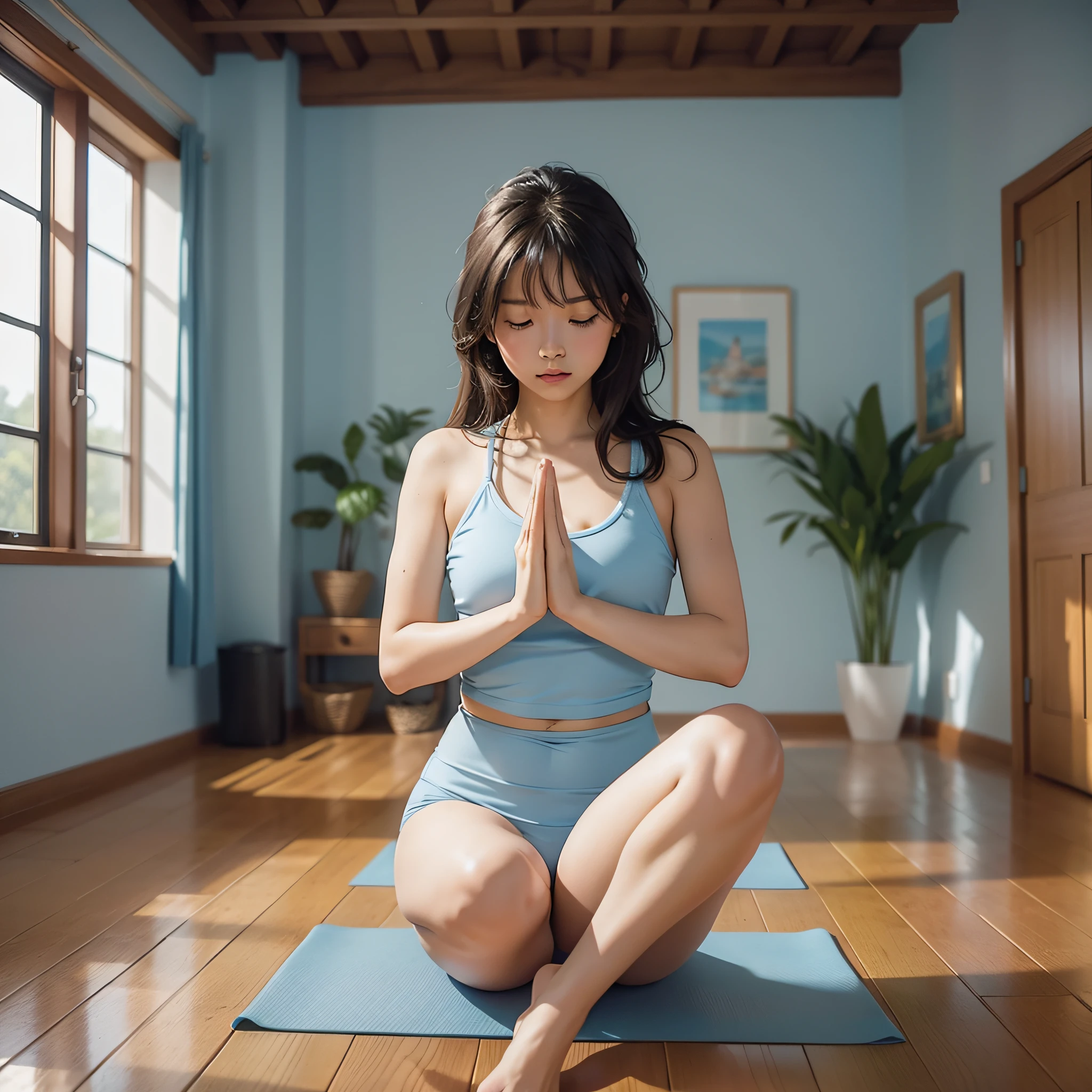 (Front view, masterpiece, 1 girl is doing yoga in the room), summer, light blue color scheme