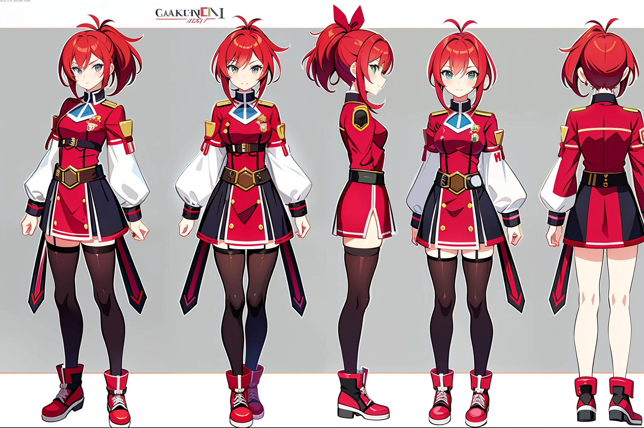 masterpiece,(best quality),anime girl in a red and white uniform with a gun, cushart krenz, female protagonist 👀 :8, cushart kenz, female magical anime. Girl guilty gear art style, sakura kinomoto, anime style character, anime character design, female anime character, katana zero video game character, sakura haruno, fullbody, ponytail, magicalgirl, jacket over uniform,red hair, ribbon on chest,( ( character concept art ) )