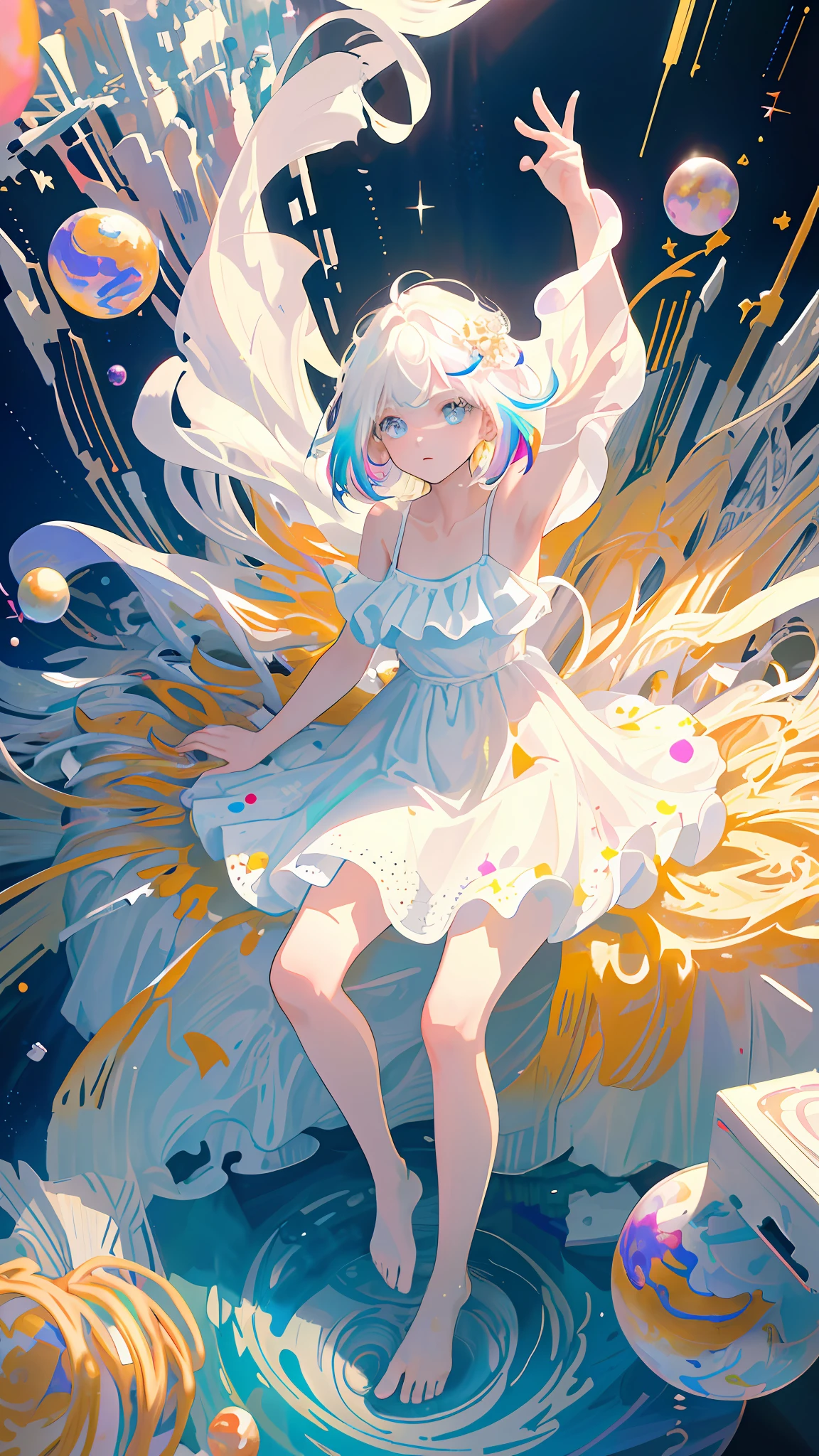 (masterpiece, best quality:1.2), (ultra detailed),(illustration), wallpaper, original,
1girl, messy white hair, spaghetti strap, white dress, bare legs, bare feet, bare arms, space, Earth background, near-earth orbit, full body,
,(surrounded by colorful splashes and dot),colorful bubble,(shining)