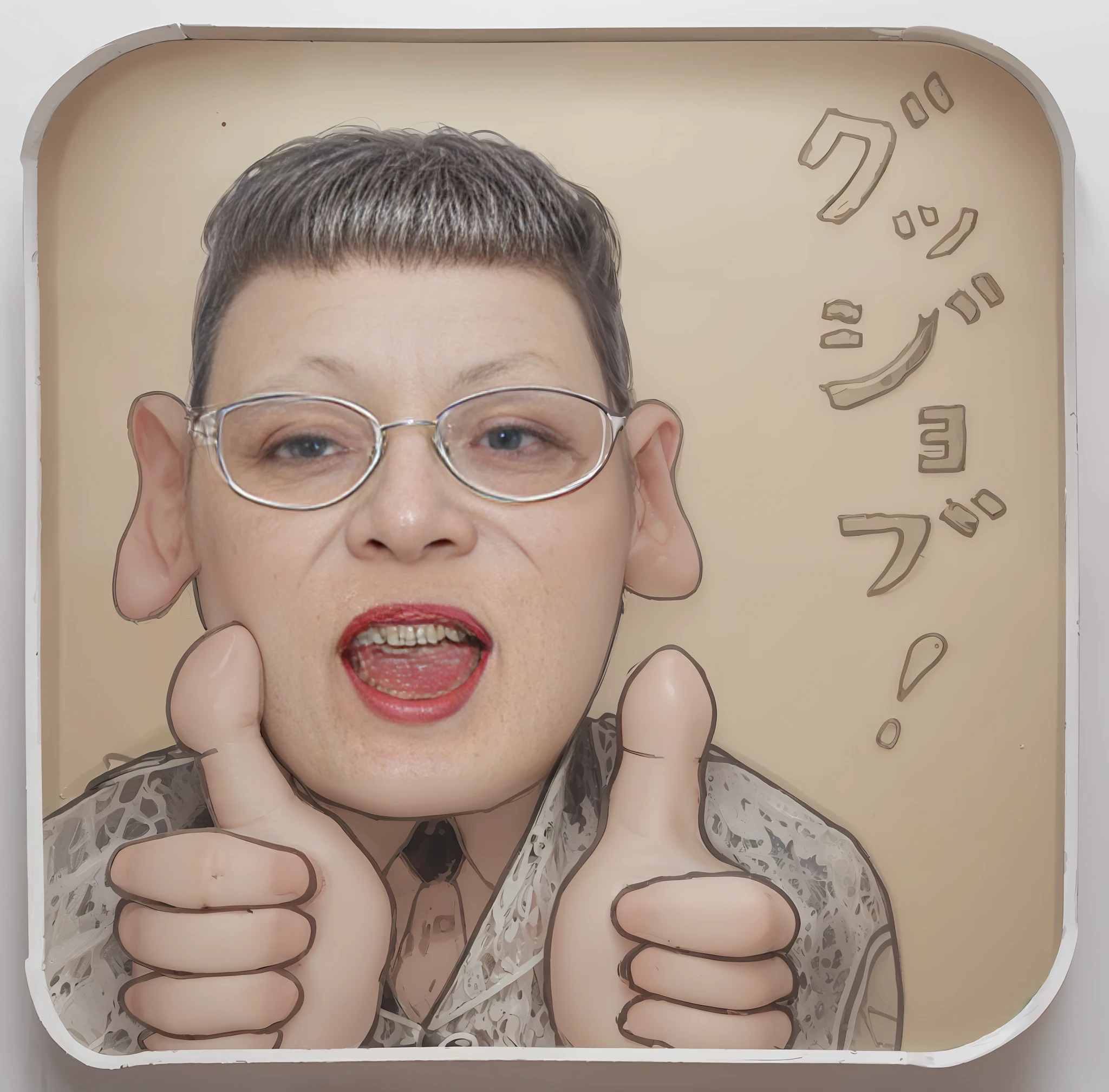 smile, open mouth, balanced eyes, big eyes,
(Best Quality Detail: 1.2), Realistic, 8K High Definition, Ultra Detail, High Quality Textures, Intricate Detail, Highly Detailed CG, Uncle in White Plastic Glasses, Skin Tone Burnt on Fire, Thumb Up, Photorealistic