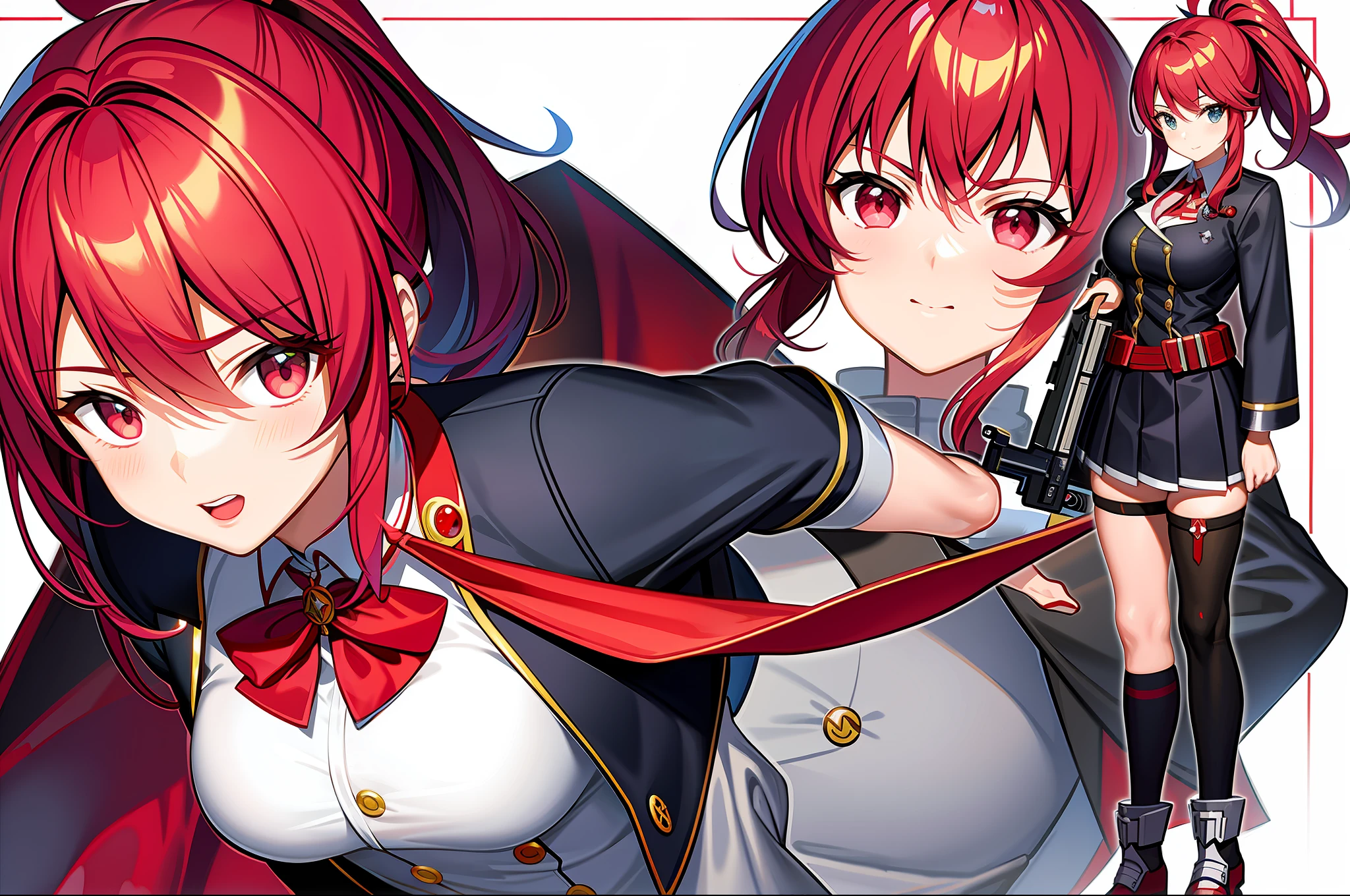 masterpiece,(best quality),anime girl in a red and white uniform with a gun, cushart krenz, female protagonist 👀 :8, cushart kenz, female magical anime. Girl guilty gear art style, sakura kinomoto, anime style character, anime character design, female anime character, katana zero video game character, sakura haruno, fullbody, ponytail, magicalgirl, jacket over uniform,red hair, ribbon on chest,( ( character concept art ) )