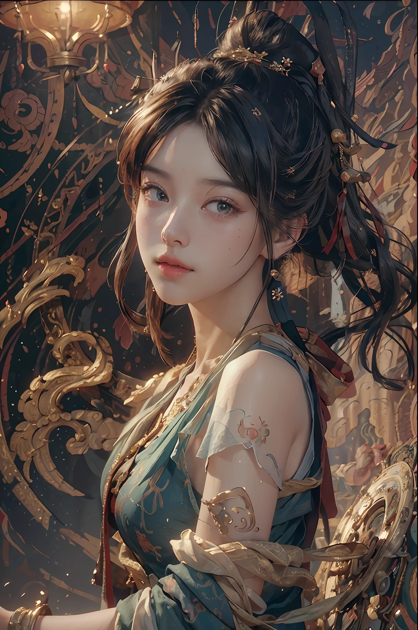 (RAW photo, best quality), (realistic, photo-realistic:1.3),best quality,highly detailed,masterpiece,ultra-detailed,illustration,1girl,upper_body,dynamic angle,world masterpiece theater,messy_long_hair,best quality,extremely detailed CG unity 8k wallpaper,ink,Amazing,cinematic lighting,lens_flare, dunhuang_style