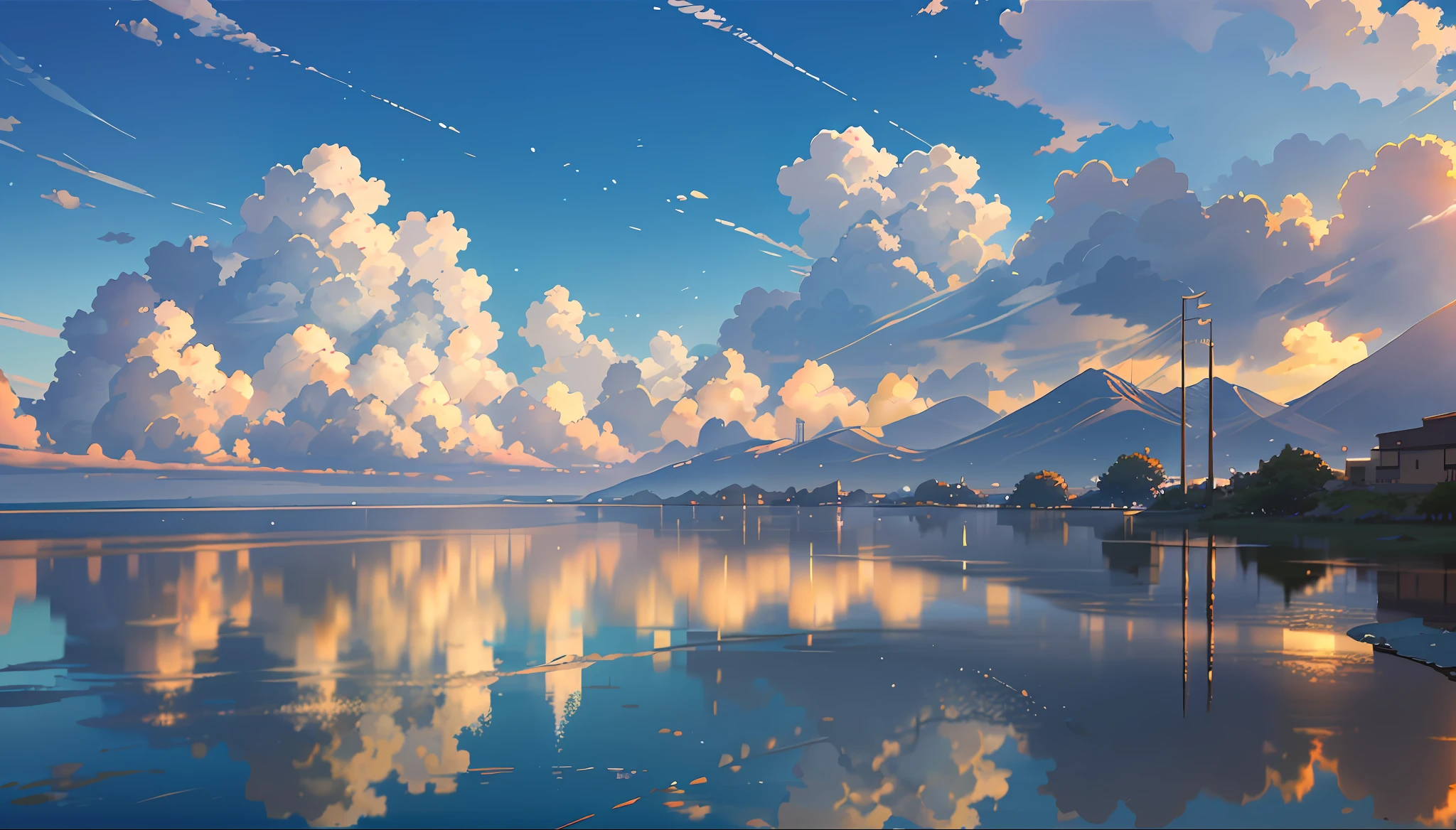 Clouds, concept art, breathtaking views. Lofi art style, reflections. By Makoto Shinkai, Lofi Art, Beautiful Anime Scenes, Anime Scenery, Detailed Scenery