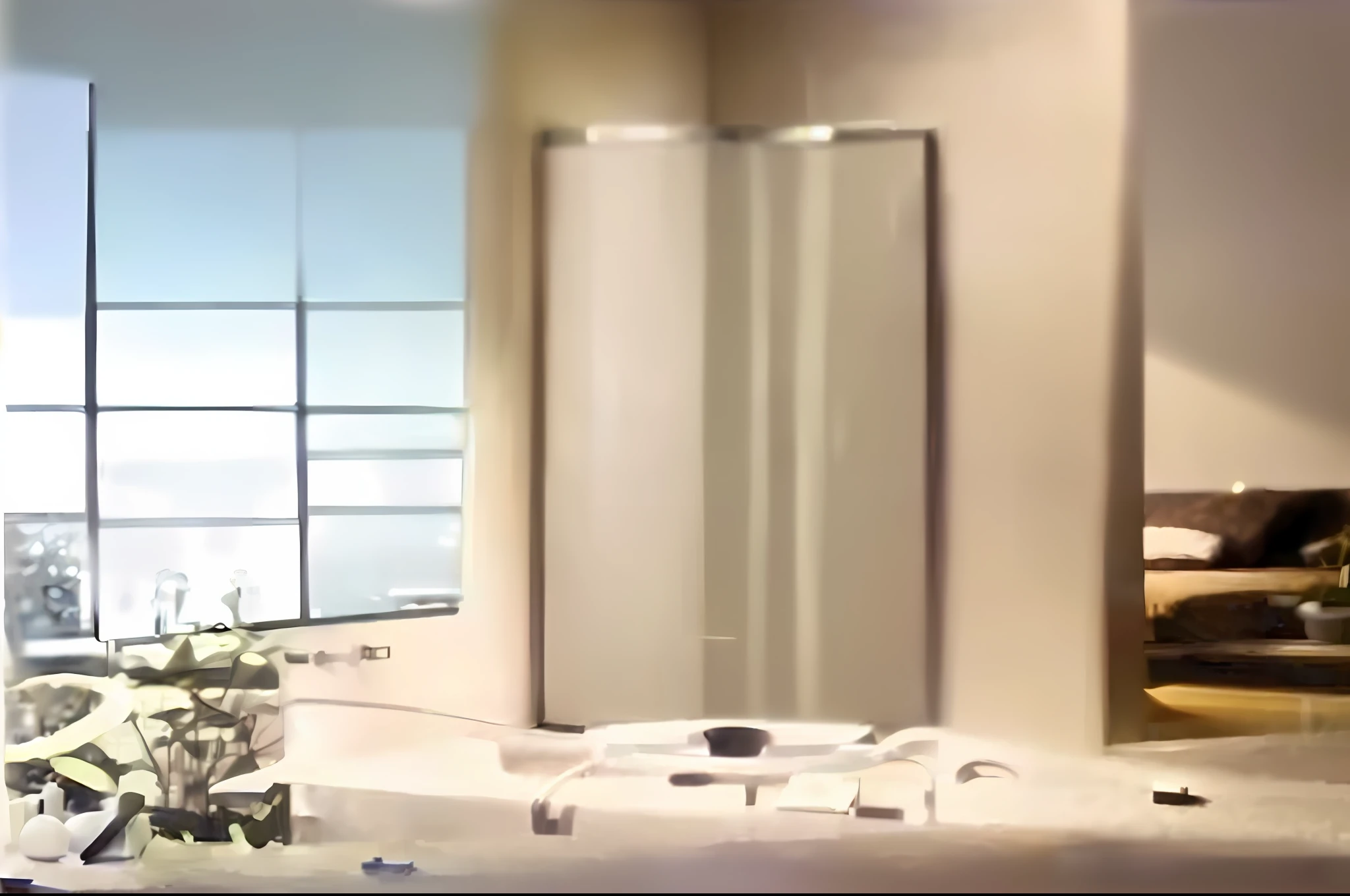 There is a bathroom with large bathtub and large windows, surreal rendering, room painting, video still images, animated style rendering, ray-traced reflections, soft focus matte painting, inspired by Richard Hamilton, in the morning. Hyperrealism, semi-realistic rendering, scene rendering, [[surrealism]], inspired by Richard Wilson, octane rendering painting, HD, super detailed, interior scenes
