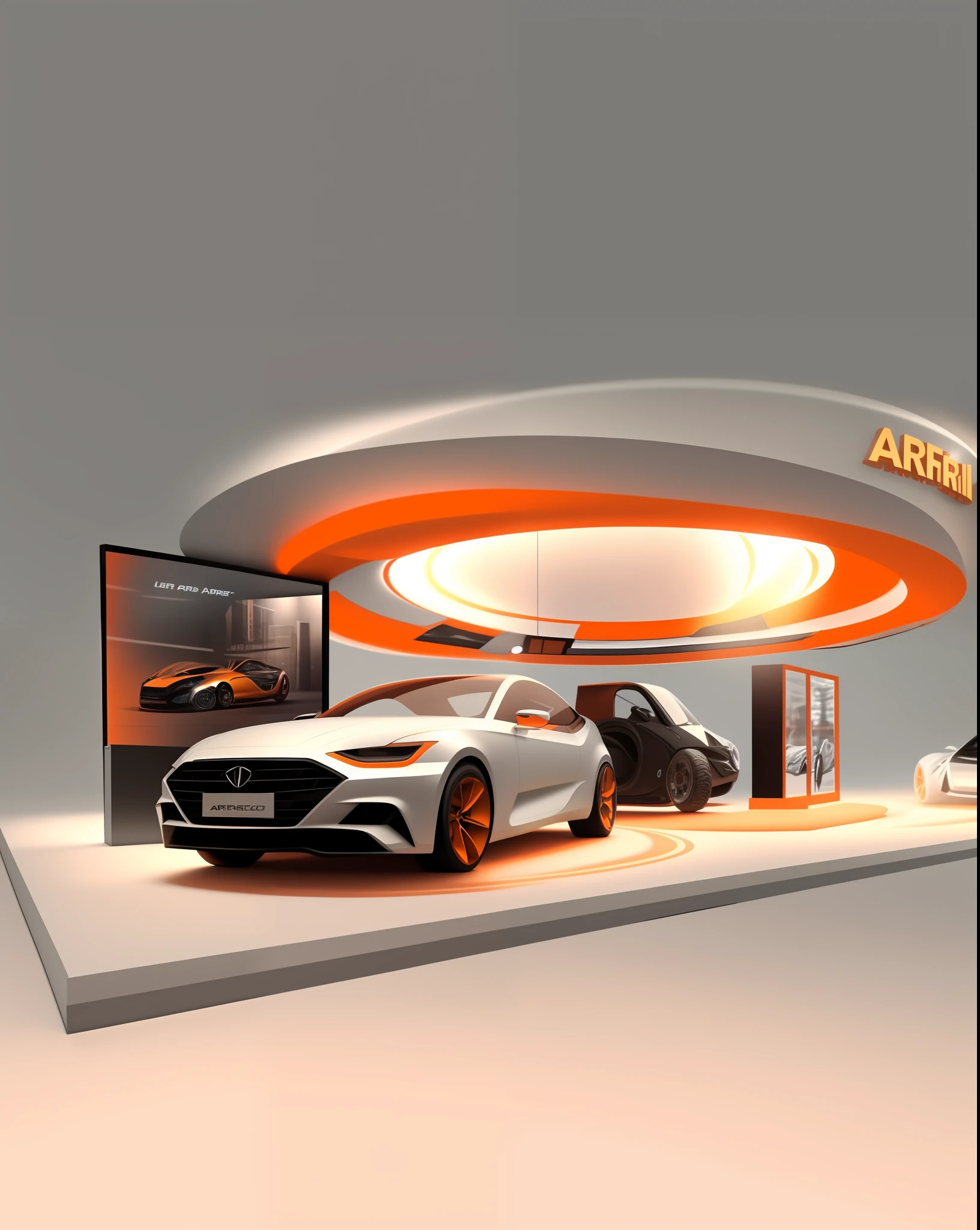arafed display of a car with a large orange light, show room scene, concept, digital render, by derek zabrocki, by Derek Hill, artistic rendering, photographic render, concept piece, cgi rendering, photo render, artistic render, product design render, concept render, 3d concept, 3 d concept, final render, render